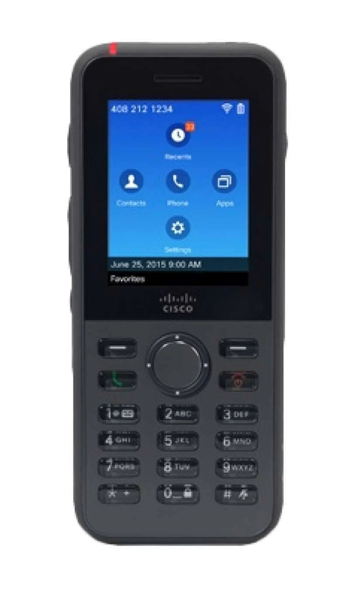 Telefono Cisco nero. Visualizza contatti e chiamate recenti sullo schermo. Sfondo bianco.