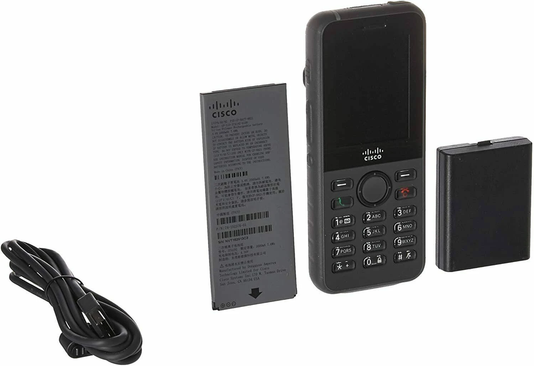 Un telefono Cisco nero con batteria, cavo di ricarica e batteria extra. Tutto su una superficie bianca.
