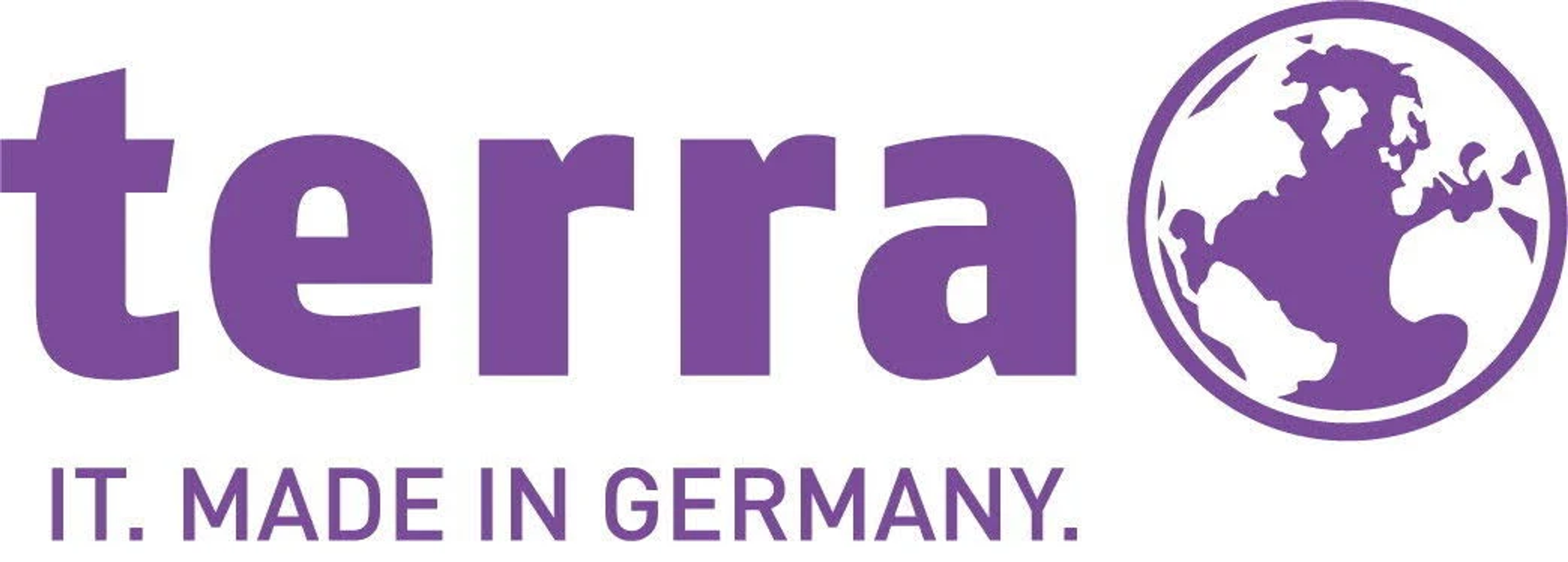 Lila 'terra' Logo mit Globus. Text 'IT. MADE IN GERMANY.' steht unter dem Logo.
