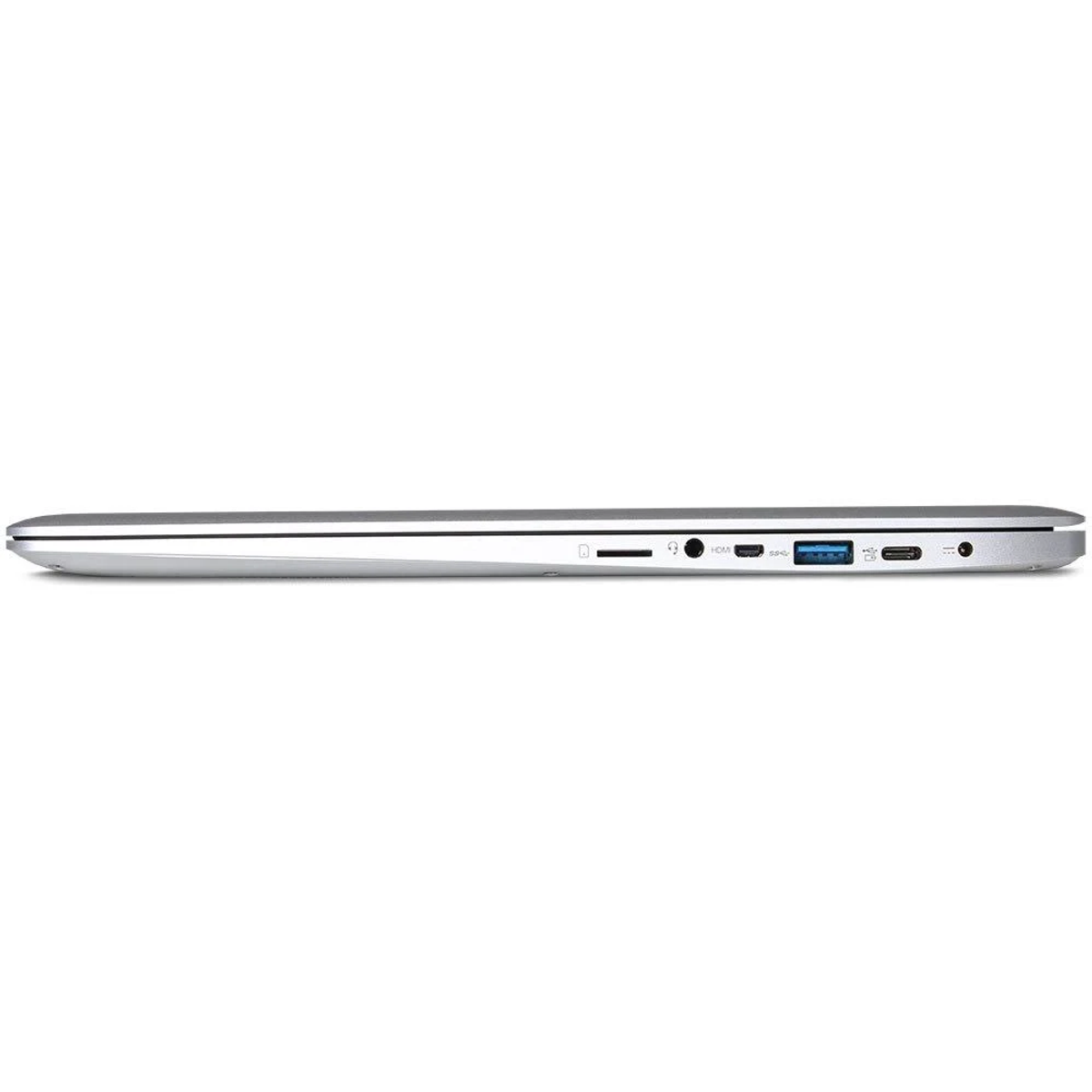 Eine Seitenansicht eines silbernen Laptops mit Anschlüssen an der Seite.