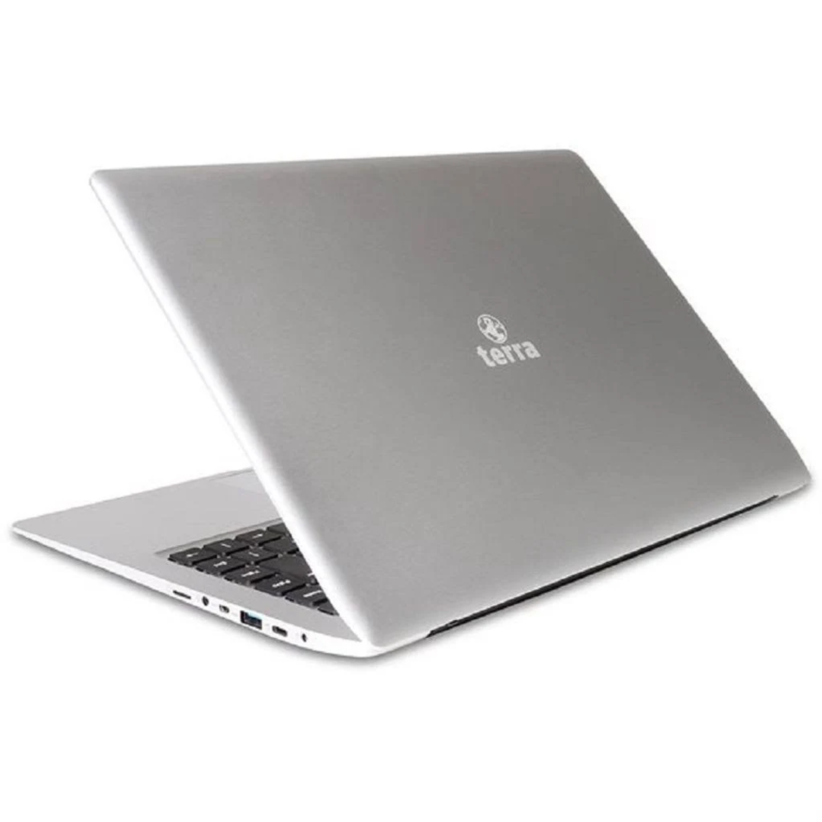 Silberner Laptop, geschlossen, mit dem Markennamen 'terra' auf der Rückseite, isoliert.