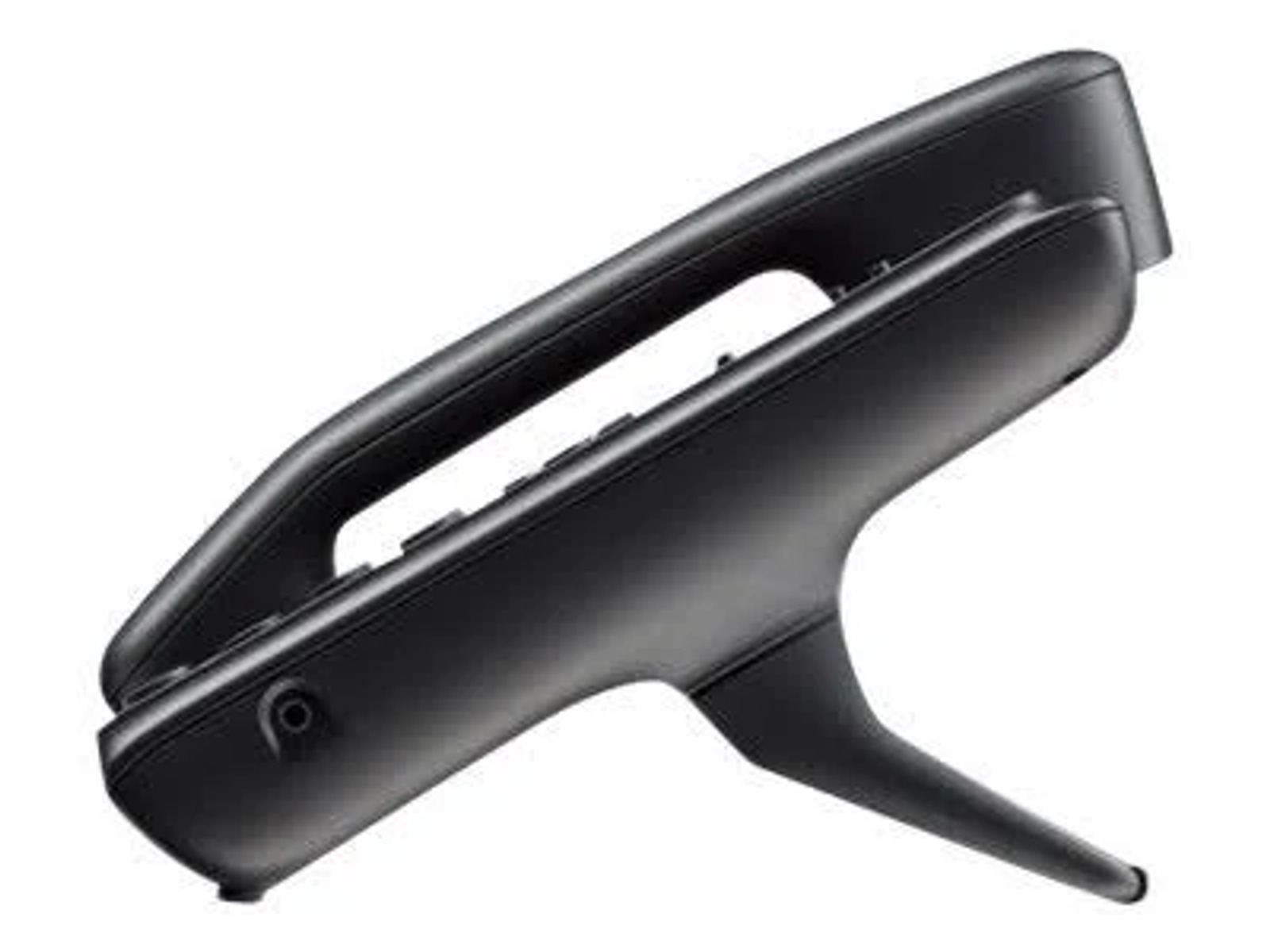Ein schwarzes, elegantes Telefon mit Ständer, von der Seite vor weißem Hintergrund gesehen.