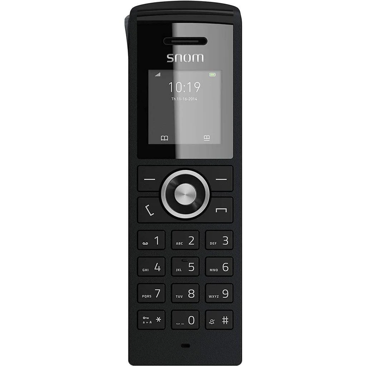 Schwarzes Snom-Telefon mit kleinem Display und Tastatur.