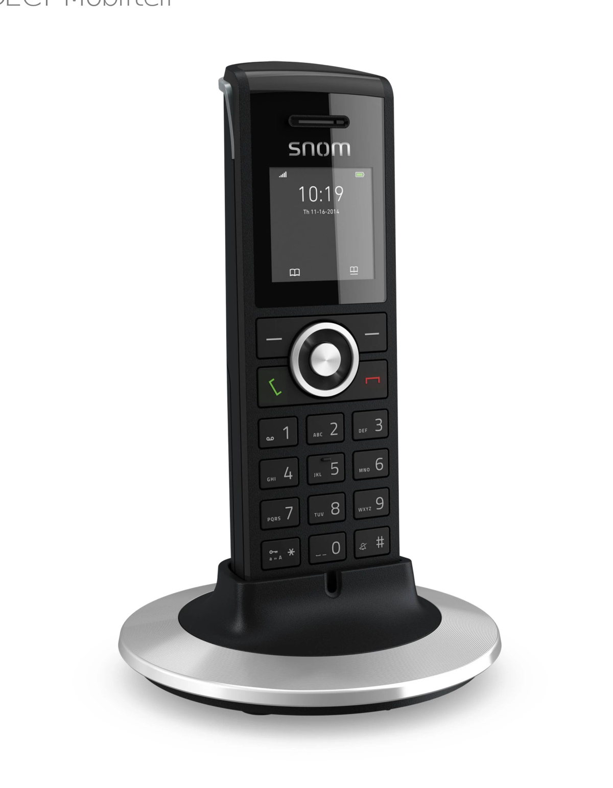 Schwarzes Snom-Telefon auf Silberbasis. Anzeige zeigt Zeit und Datum. Tasten unter dem Bildschirm.