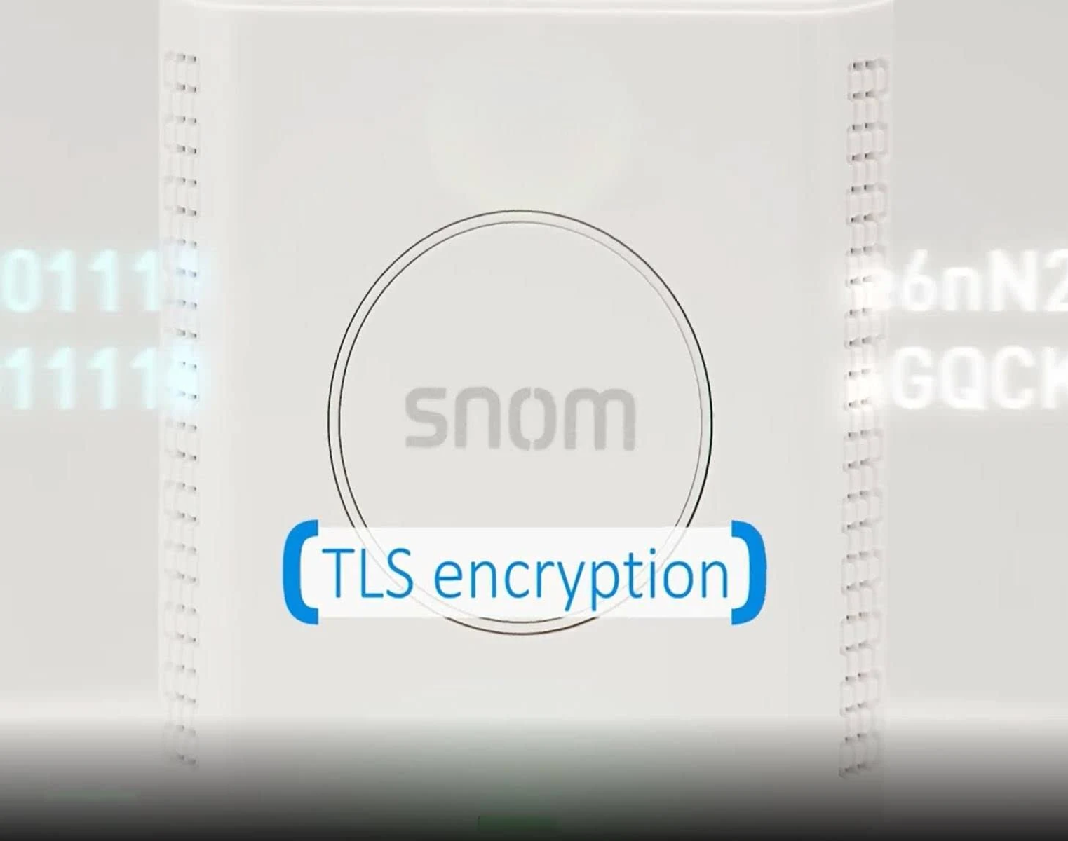 Un dispositivo blanco con el logo 'snom'. Muestra 'cifrado TLS' en azul. Código binario y texto de seguridad en el fondo.