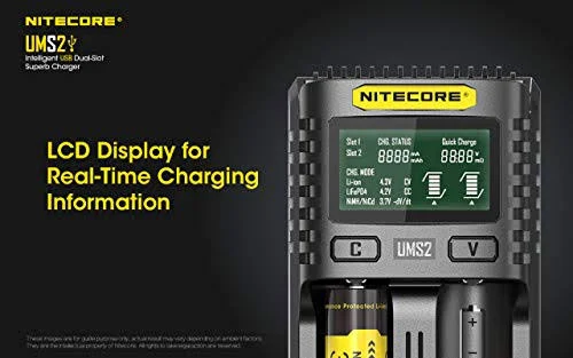 Ladegerät mit LCD-Anzeige, lädt Batterien. Gelb, schwarz und grün.