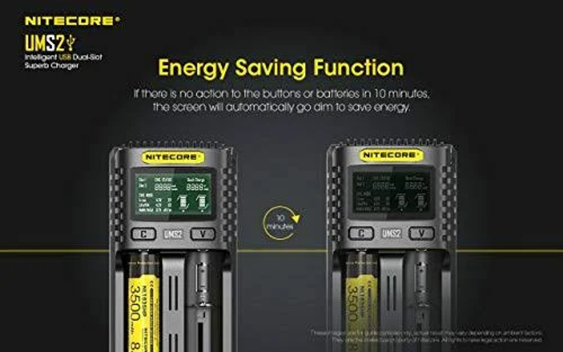 Schwarz-graues Ladegerät mit zwei Schlitzen, Anzeige grüner Batterieinfos und Text.