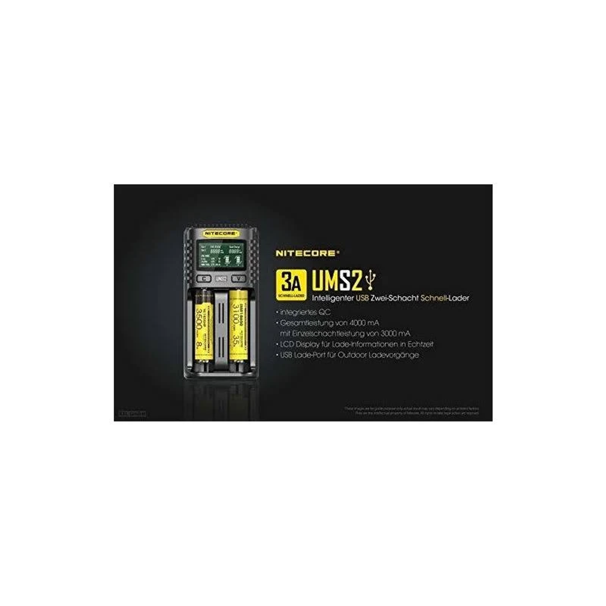 Ladegerät mit gelben Batterien und Text. Schwarzer Hintergrund, Produktaufnahme mit Etiketten.