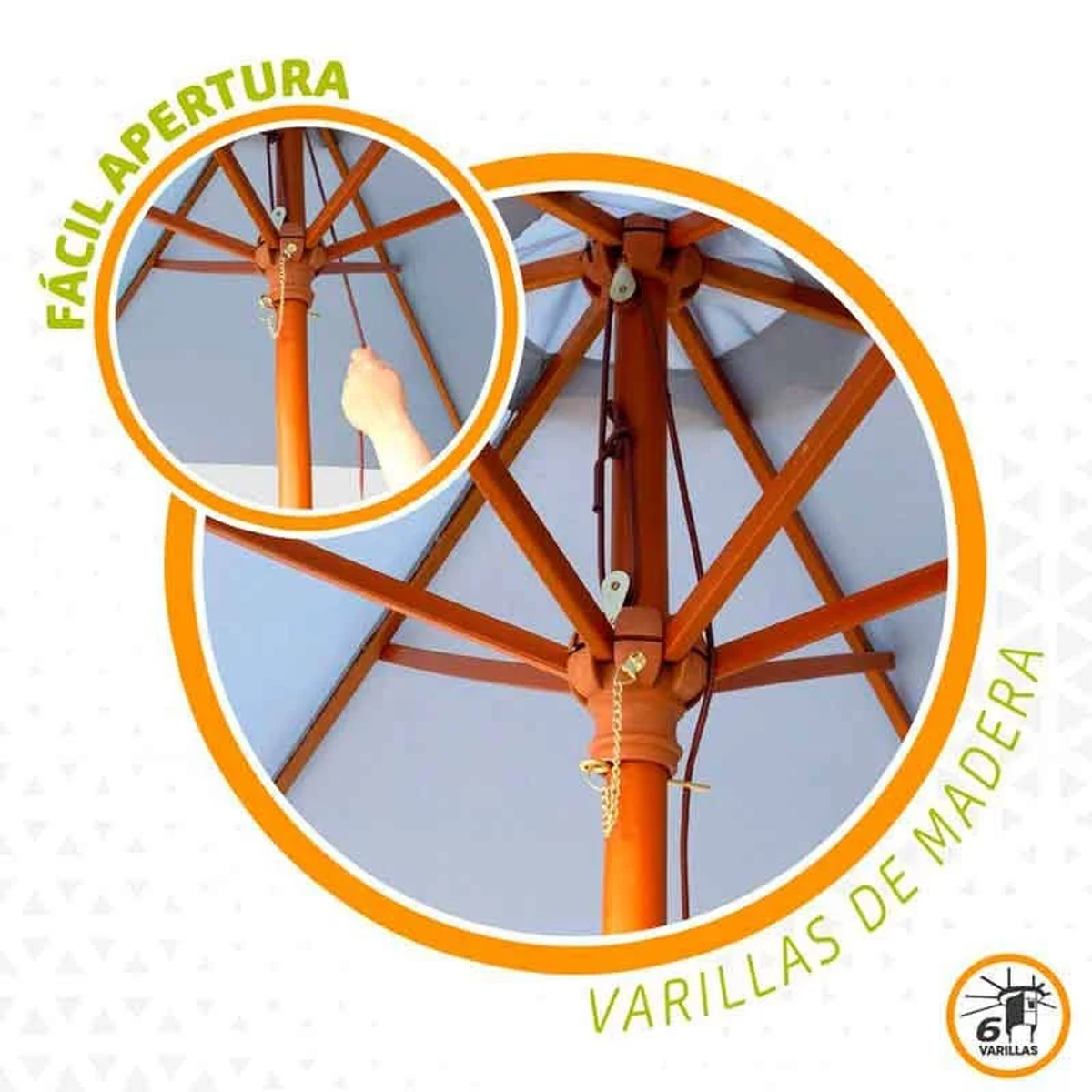 Otwarty parasol z drewnianymi rozpórkami. Obrazek pokazuje mechanizm otwierania.