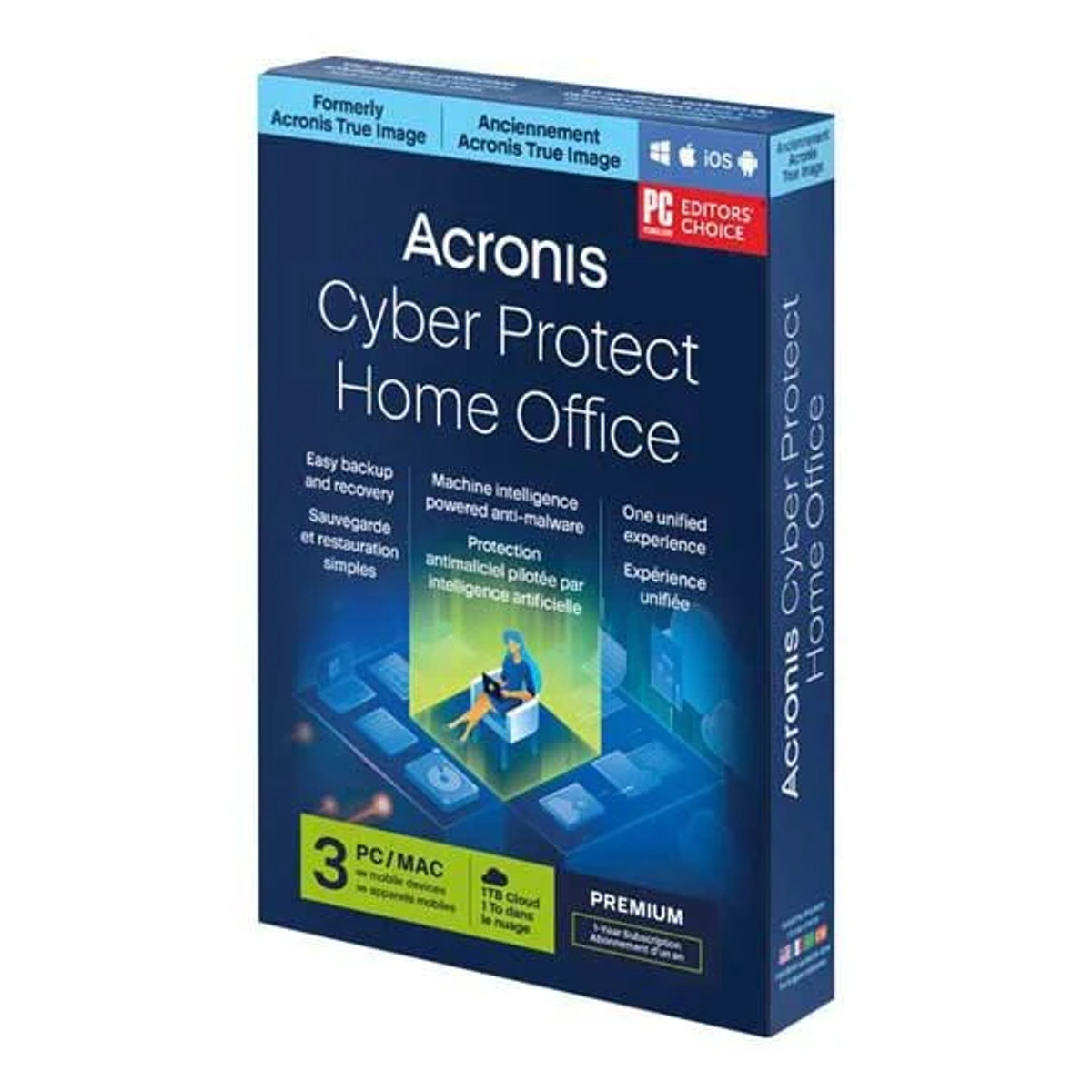 Una scatola software blu di Acronis Cyber Protect Home Office. La scatola ha colori blu e bianco.