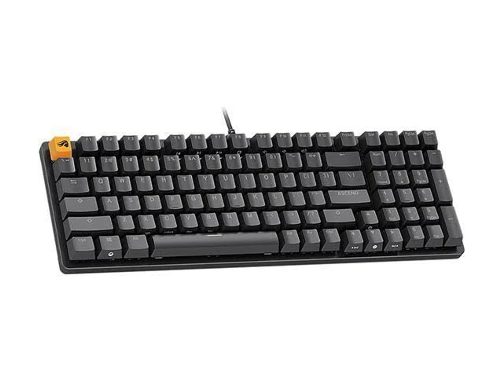 Schwarze Tastatur mit grauen Tasten, orangener Tastenkappe und schwarzem Kabel.