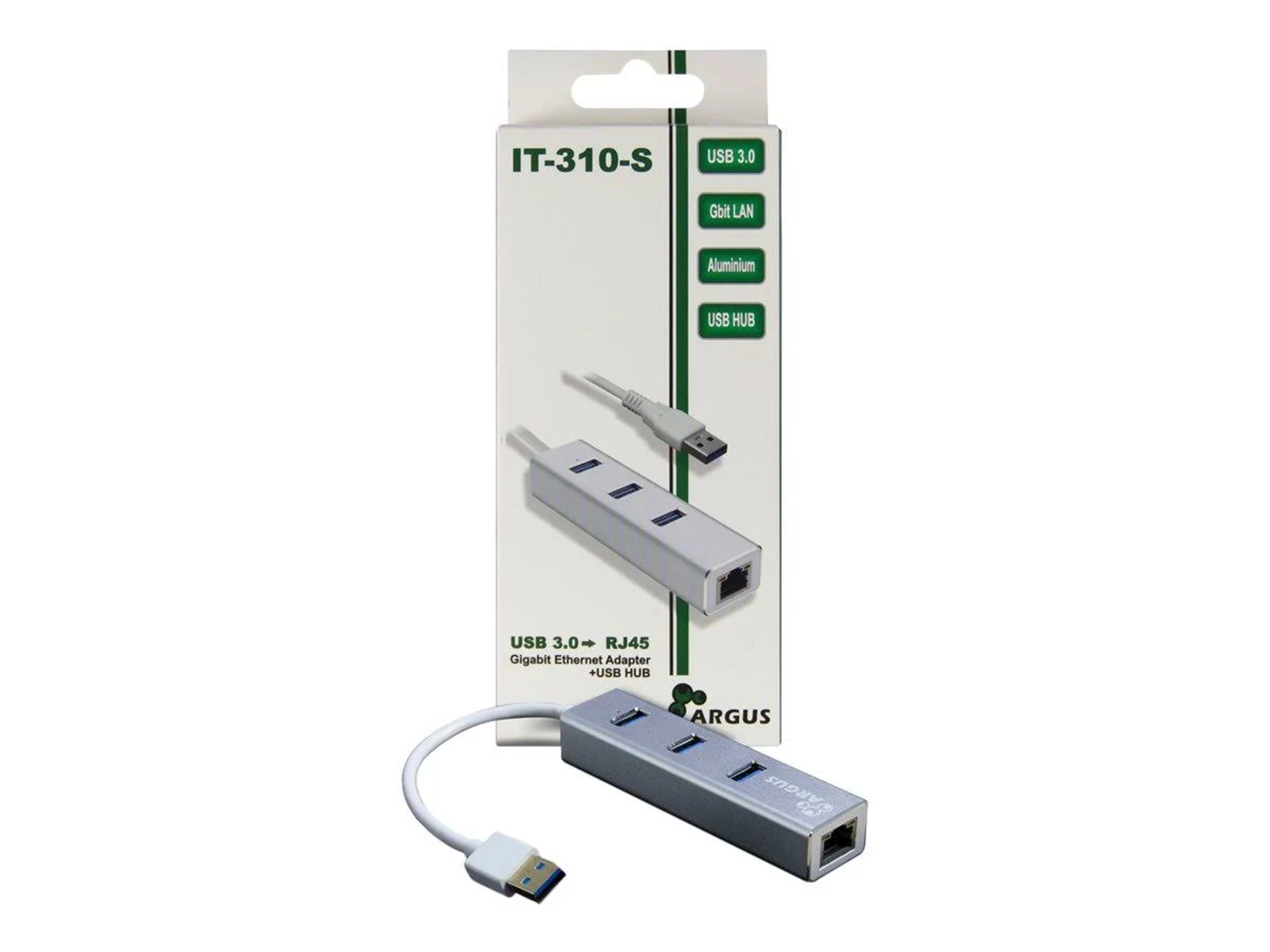 USB 3.0 zu RJ45 Gigabit Ethernet Adapter in einer Box, mit einem weißen USB-Kabel.