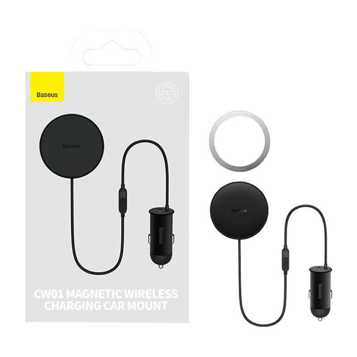 Magnetyczny uchwyt samochodowy do ładowania bezprzewodowego Baseus. Zawiera uchwyt, podkładkę ładującą i akcesoria.