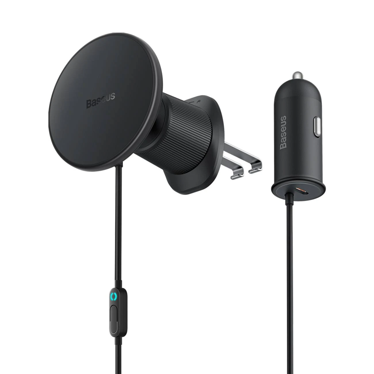 Czarny uchwyt i ładowarka do telefonu samochodowego z logo Baseus, na białym tle.
