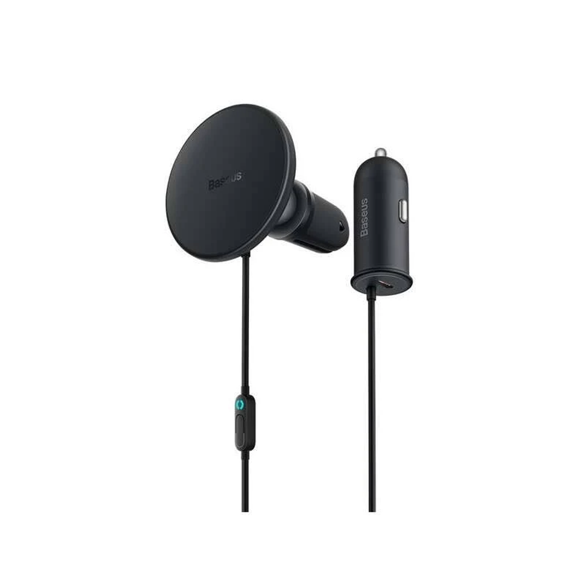 Ładowarka samochodowa z magnetycznym uchwytem na telefon i kablem.