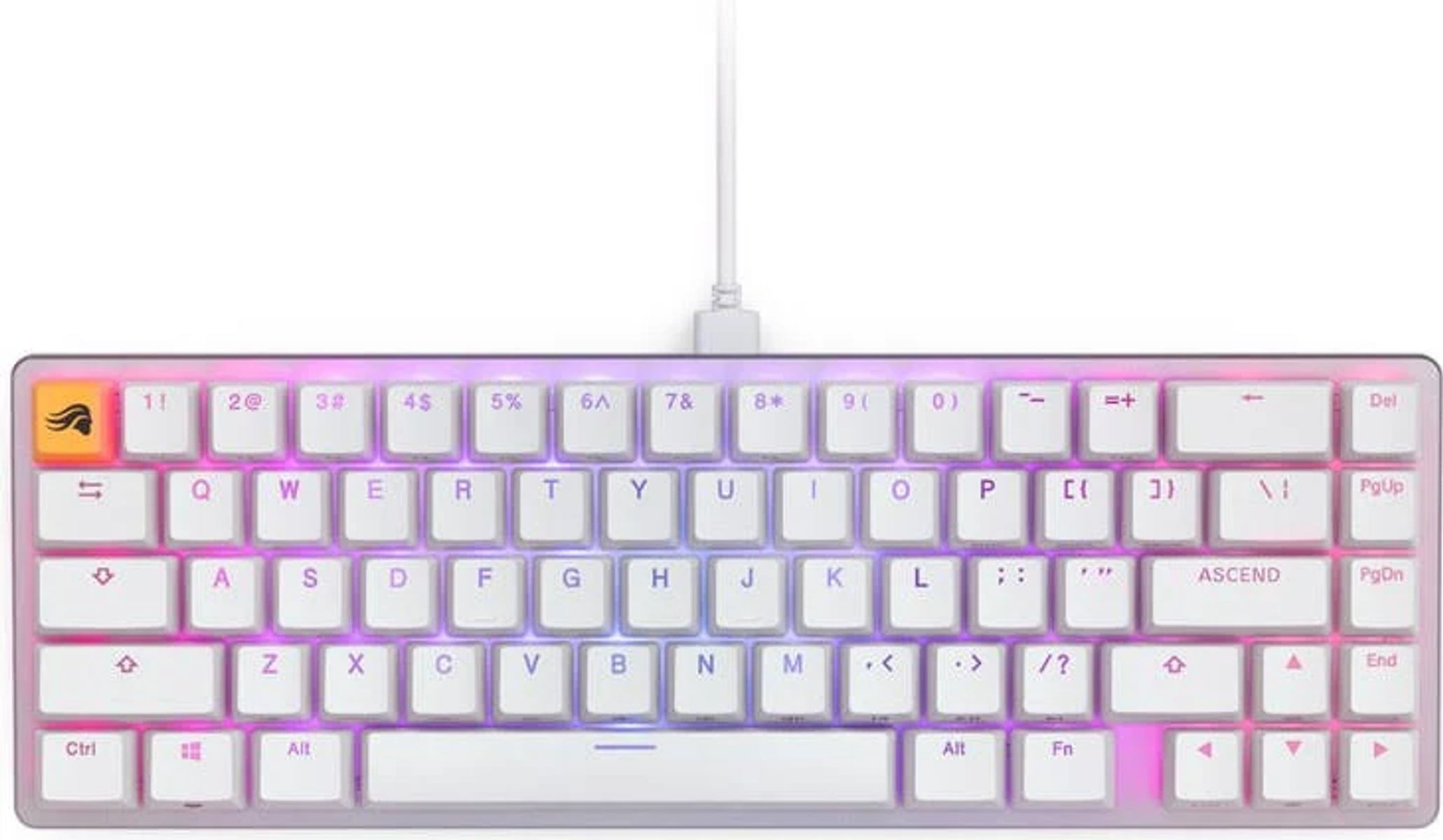 Eine weiße mechanische Tastatur mit farbig beleuchteten Tasten, mit einem Ascend-Logo.