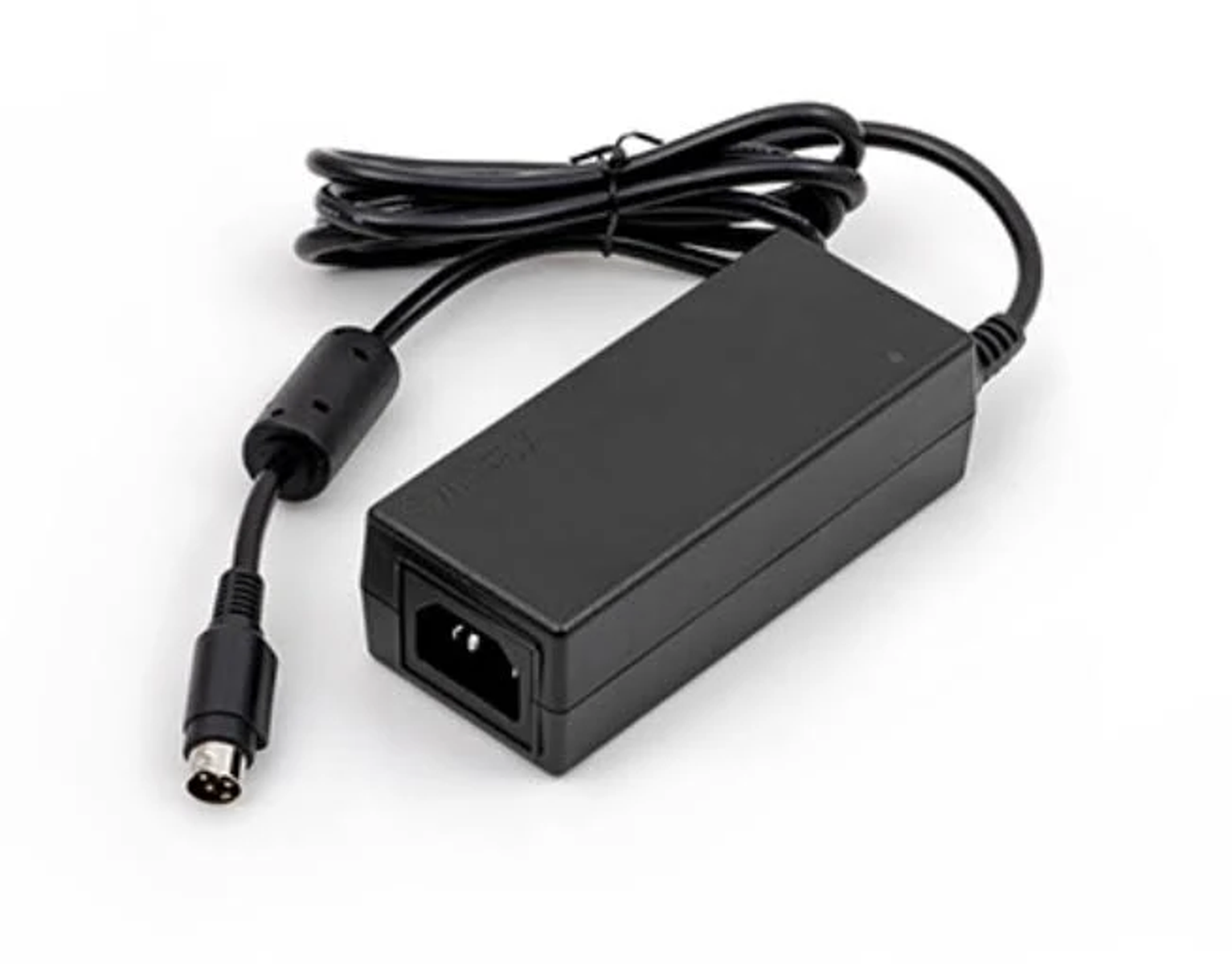 A black power adapter with a black cable and a round power connector. The background is white.