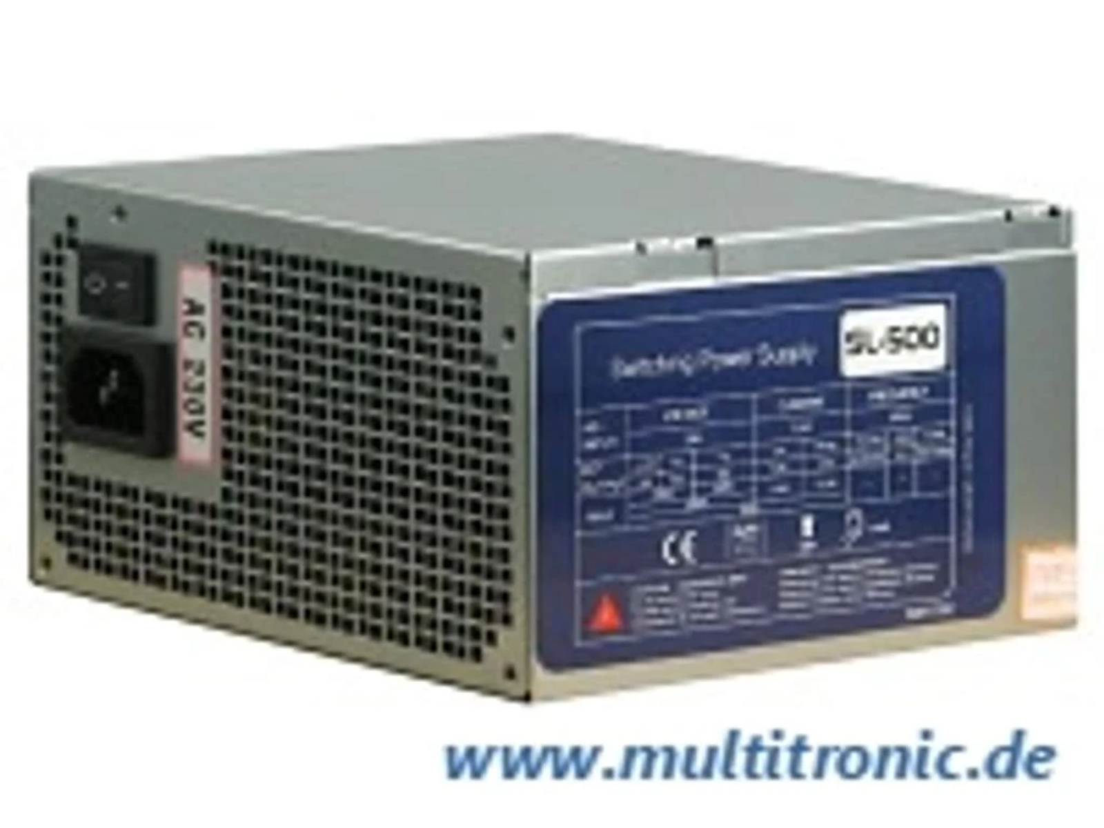 Srebrny zasilacz impulsowy z czarnym gniazdem i naklejką.