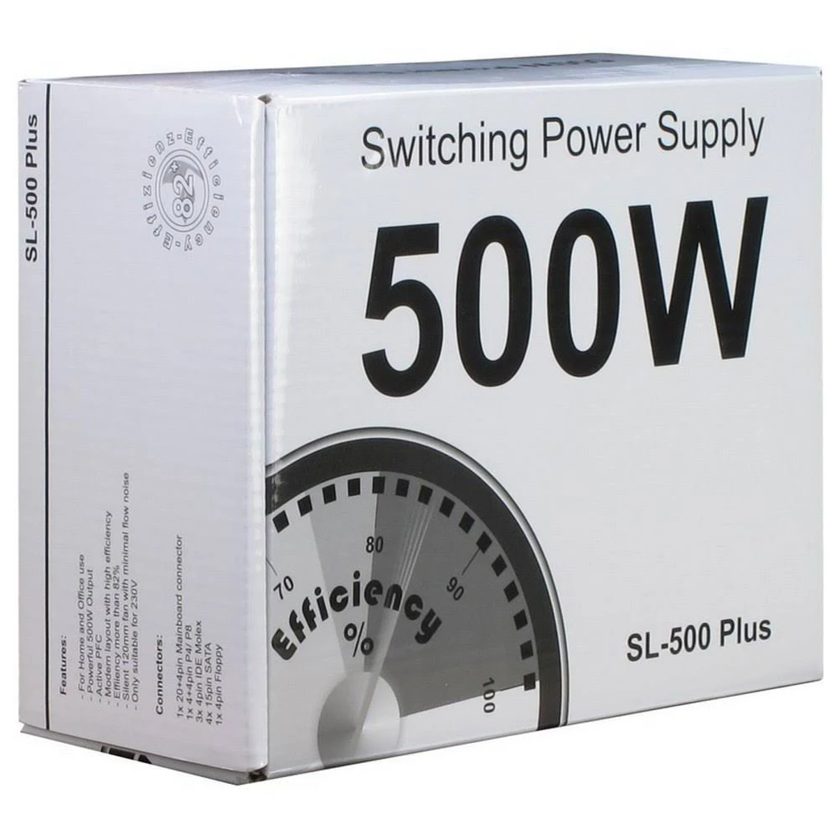 Białe pudełko z napisem "Switching Power Supply 500W" ze wskaźnikiem wydajności.