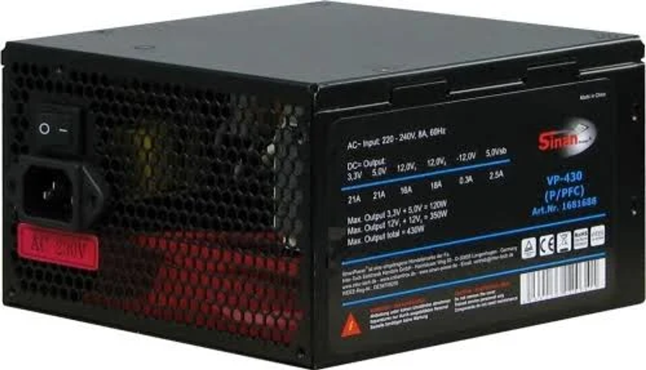 Czarny zasilacz z etykietami i portami.