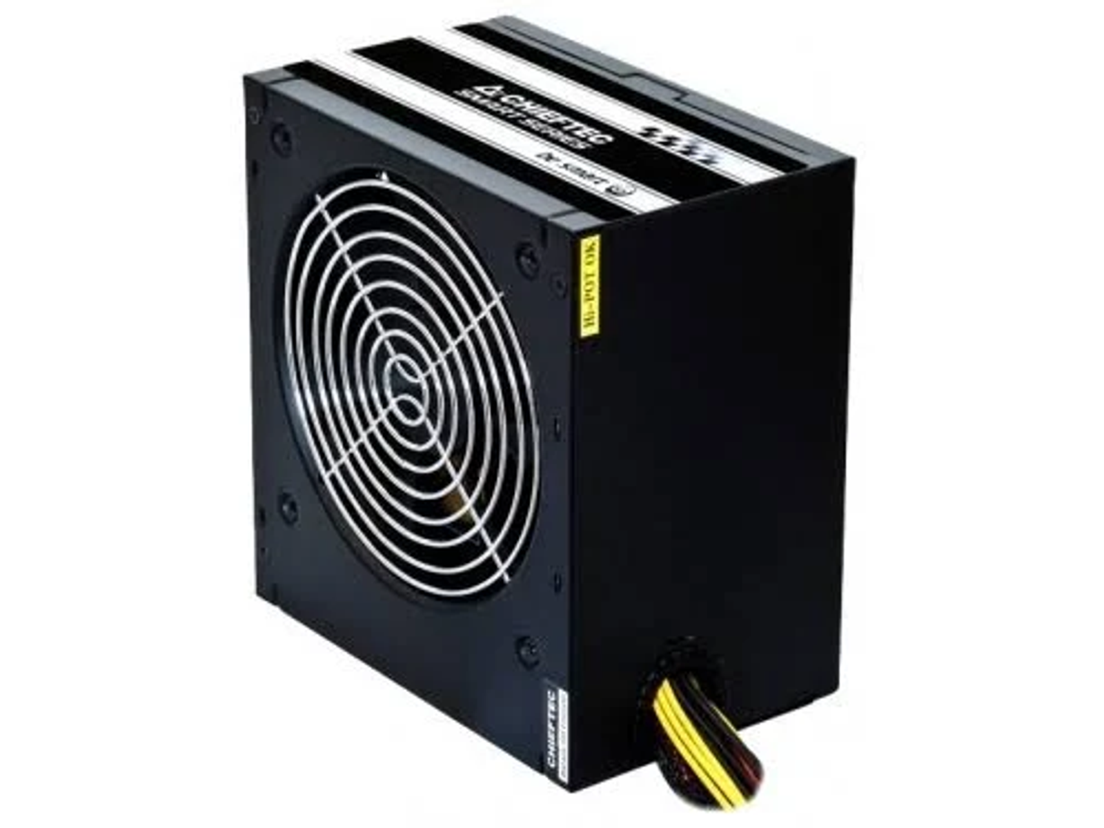 Alimentatore per computer nero con ventola. Testo: CHIEFTEC SMART SERIES. Cavo nero e giallo.