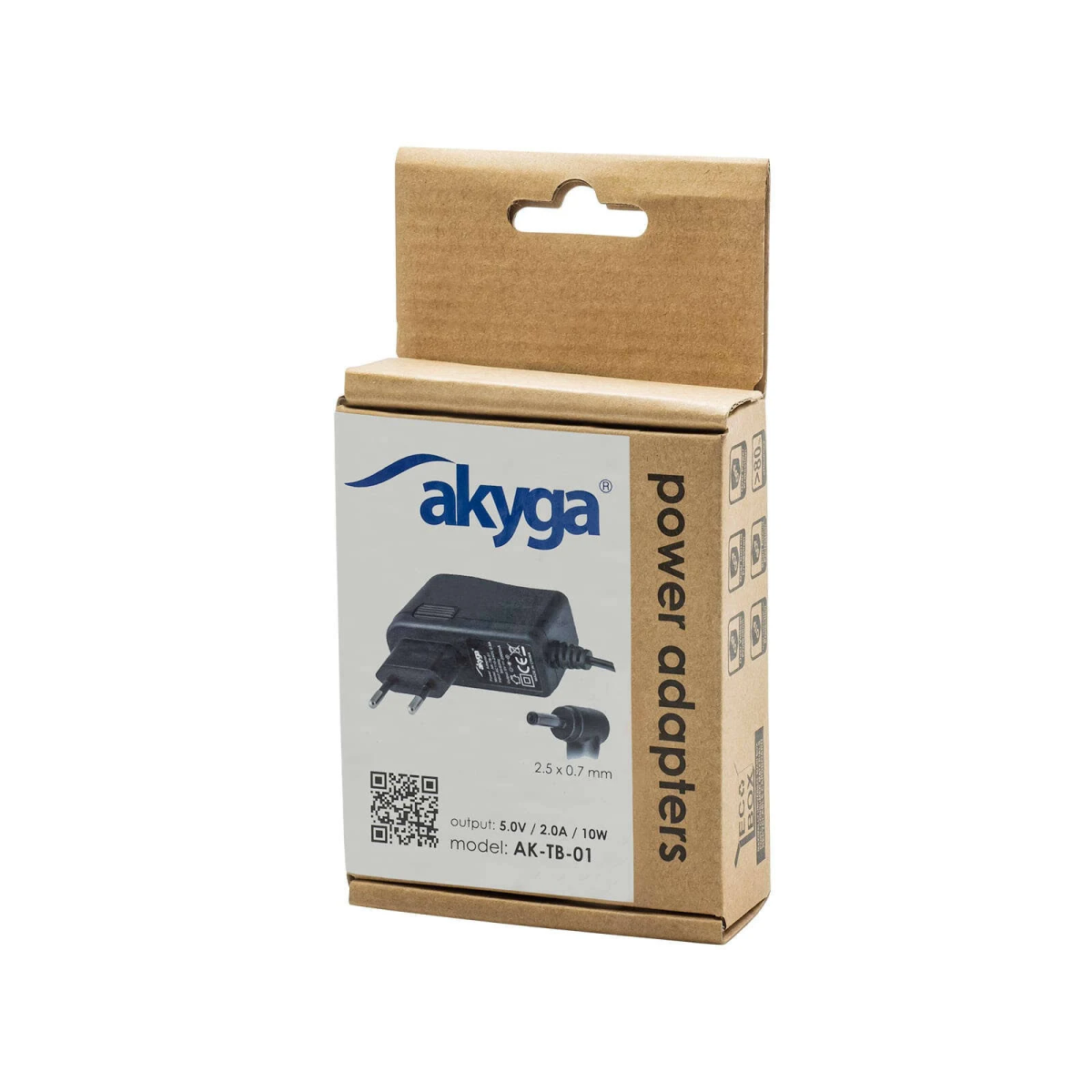 Scatola dell'adattatore di alimentazione Akyga. La scatola è marrone con testo bianco. Ha il logo Akyga e il prodotto è AK-TB-01.