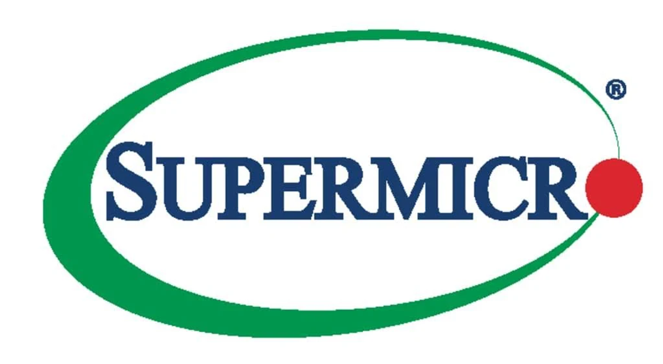 Supermicro-Logo: grünes Oval mit blauem Supermicro-Text und einer roten Kirsche.