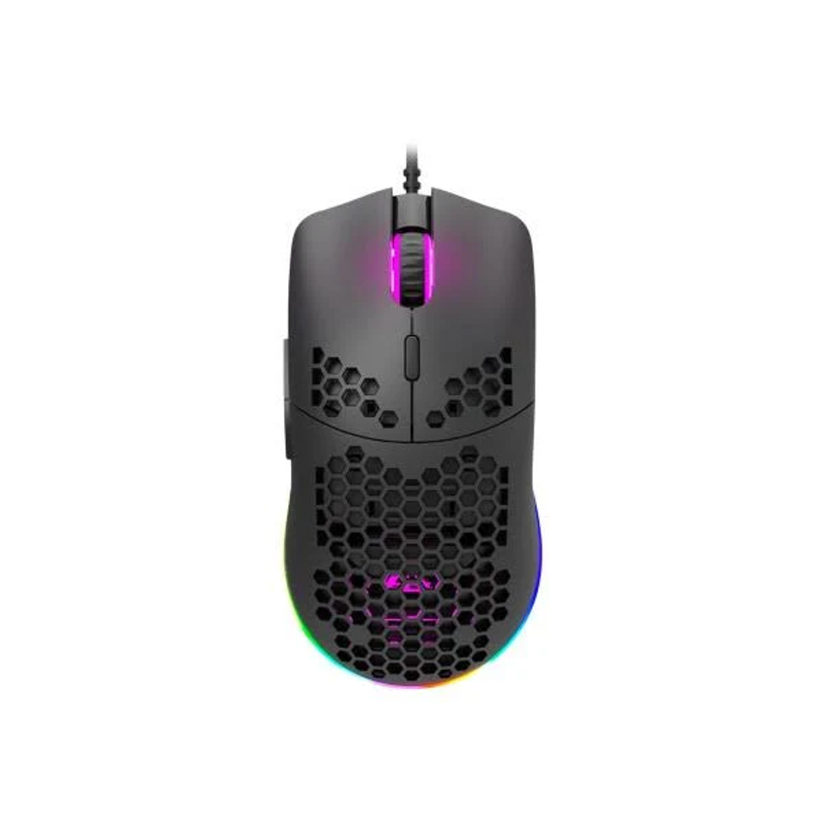 Schwarze Gaming-Maus mit Wabenmuster und RGB-Beleuchtung.