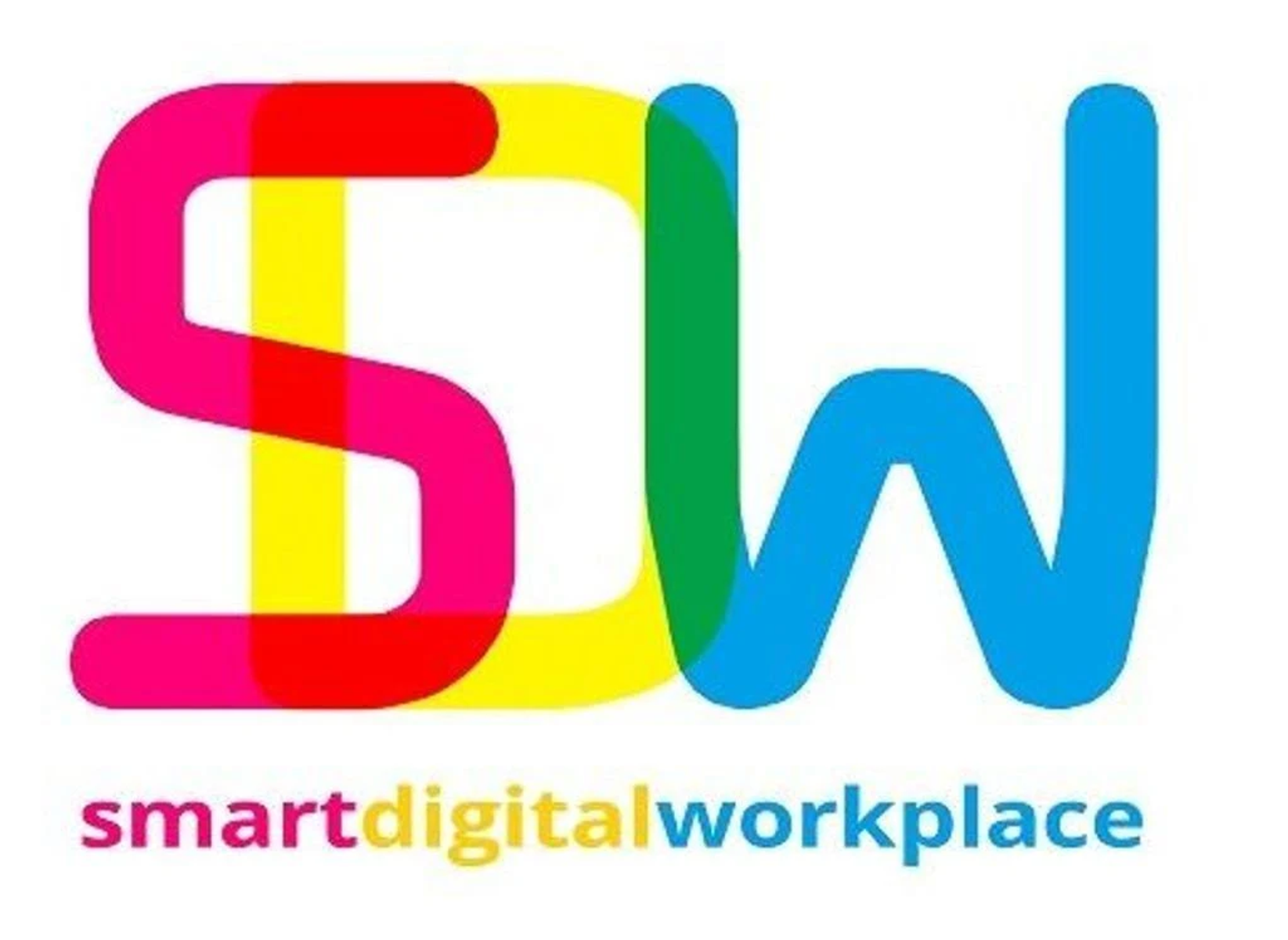 Logo z nakładającymi się literami S i W w kolorach różowym, żółtym, zielonym i niebieskim, z tekstem 'smart digital workplace'.