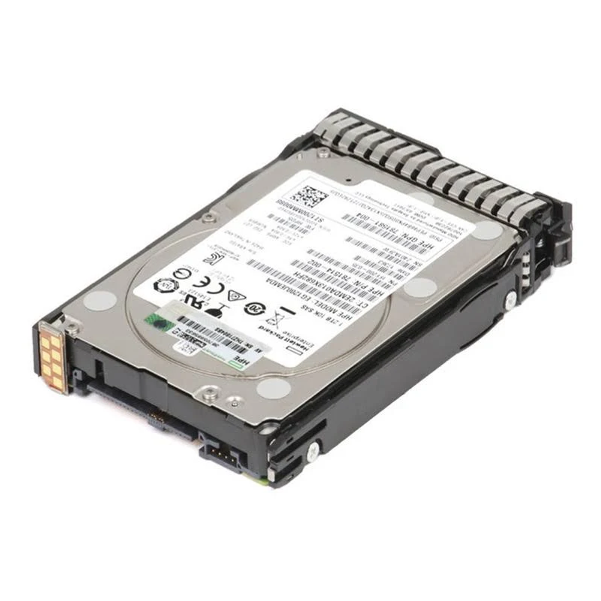 Dysk twardy z etykietami, pokazujący komponenty wewnętrzne. Dominują kolory srebrny i czarny.