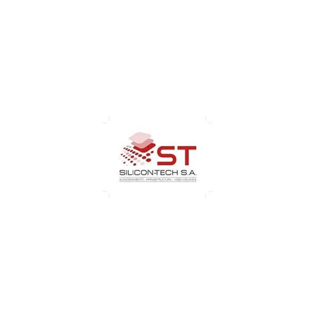 Logo ST, czerwone kropki z białymi literami ST na białym tle. Poniżej napis Silicon-Tech S.A.