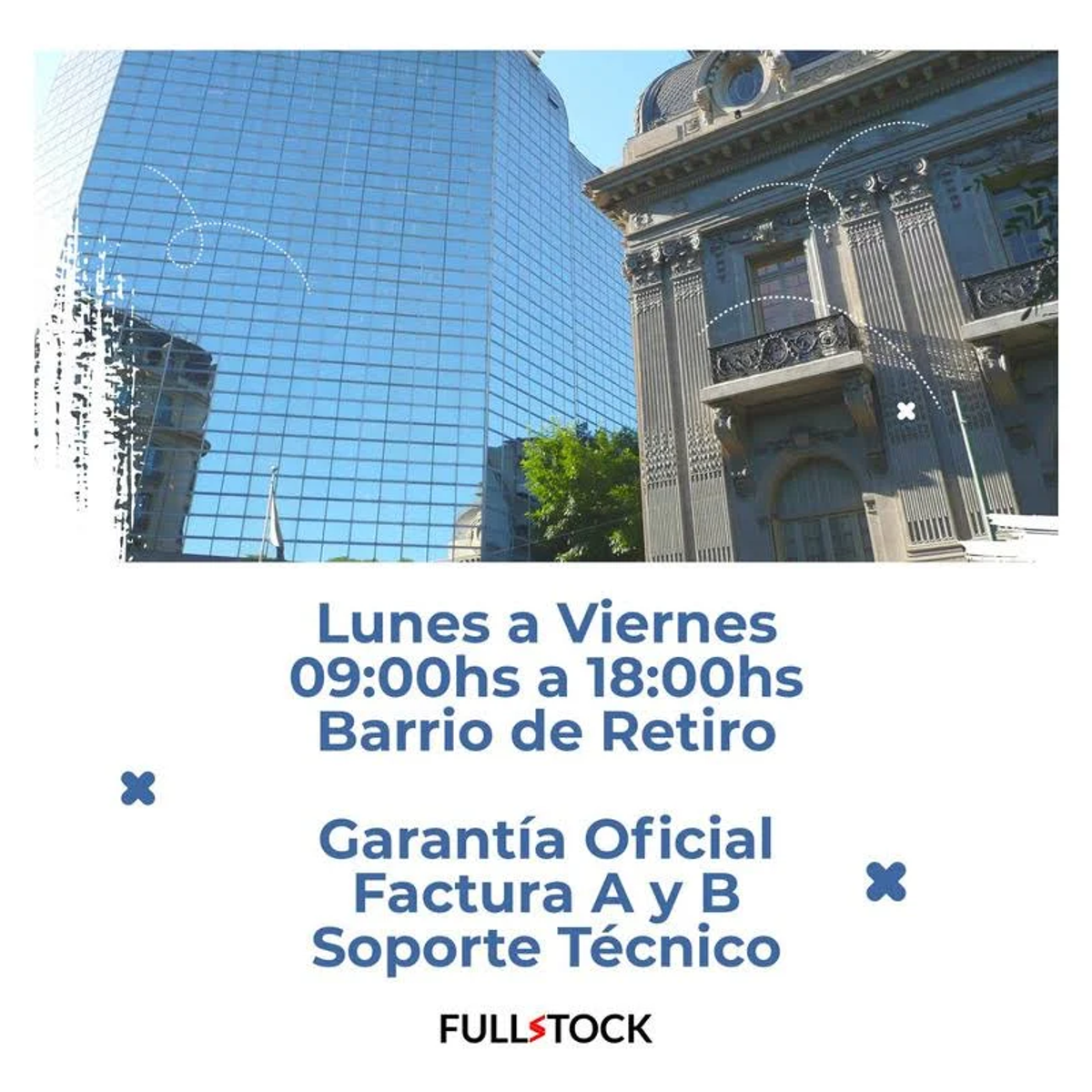 Reklama budynku z tekstem w języku hiszpańskim. 'Lunes a Viernes 09:00hs a 18:00hs Barrio de Retiro'.