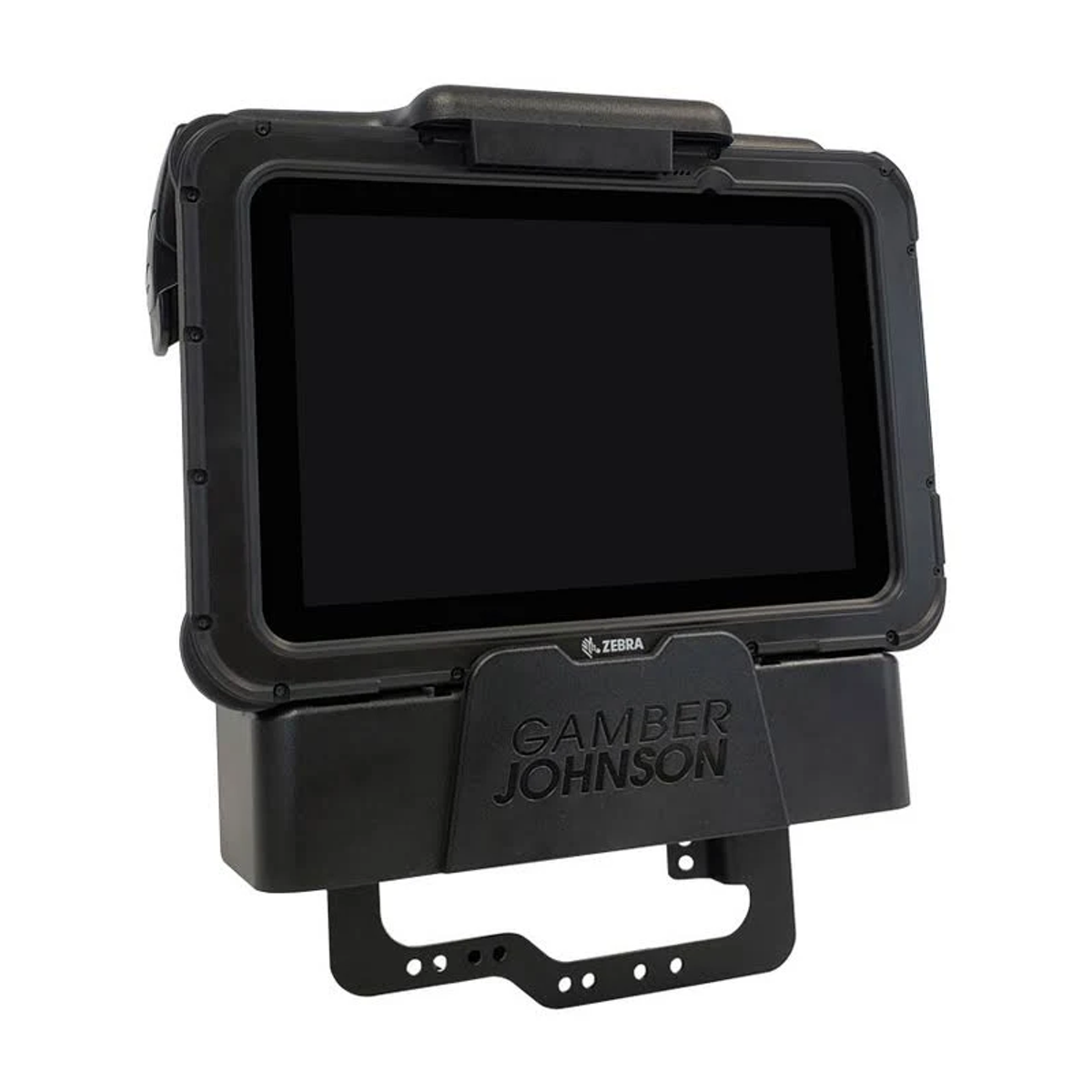 Ein schwarzes Zebra-Tablet mit Hülle und Halterung auf weißem Hintergrund, mit dem Logo "GAMBER JOHNSON".