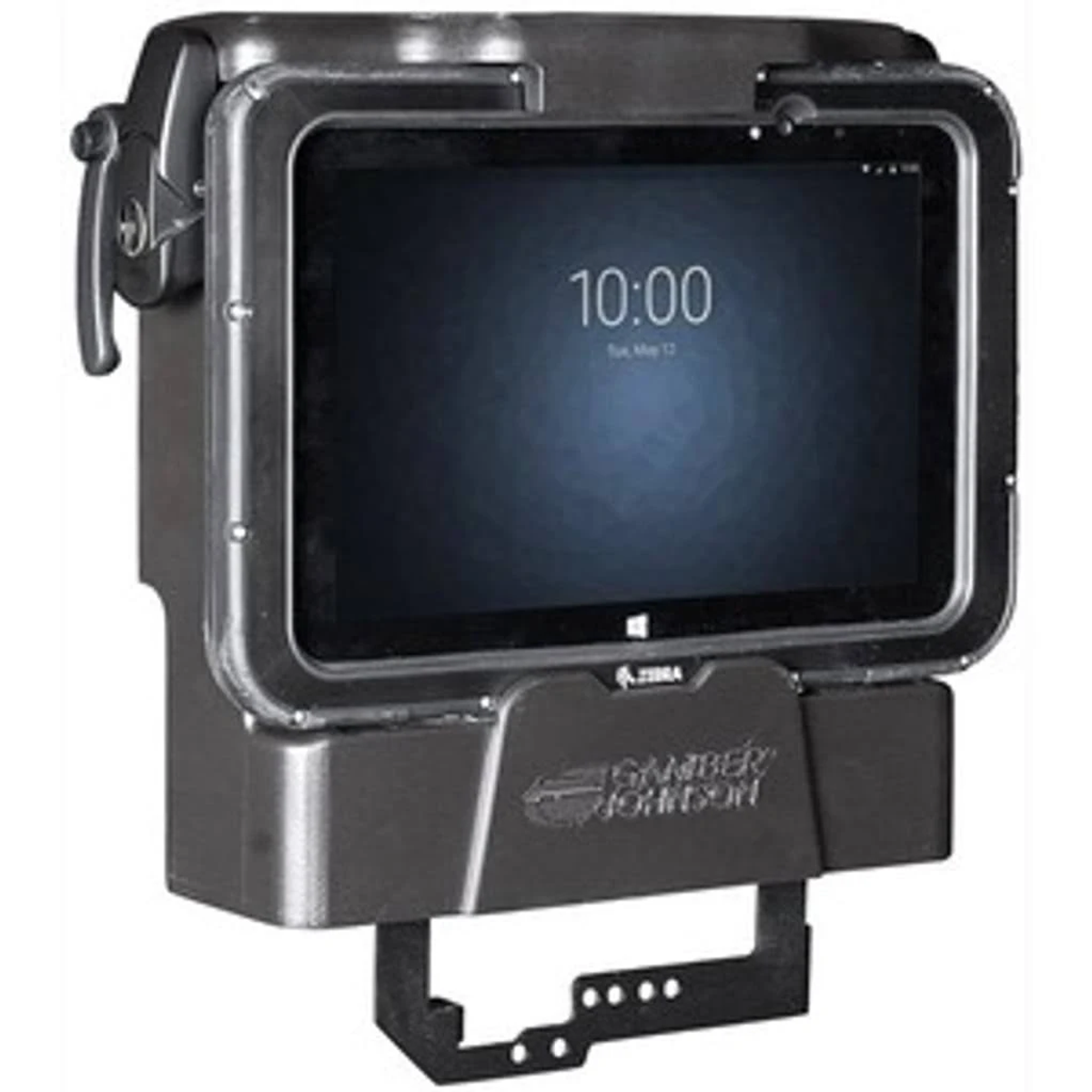 Schwarzes Tablet in einem Gehäuse mit Griff links und Halterung unten montiert.