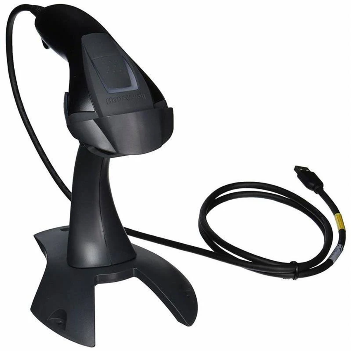 Schwarzer Honeywell Barcodescanner auf einem Ständer, mit Kabel.