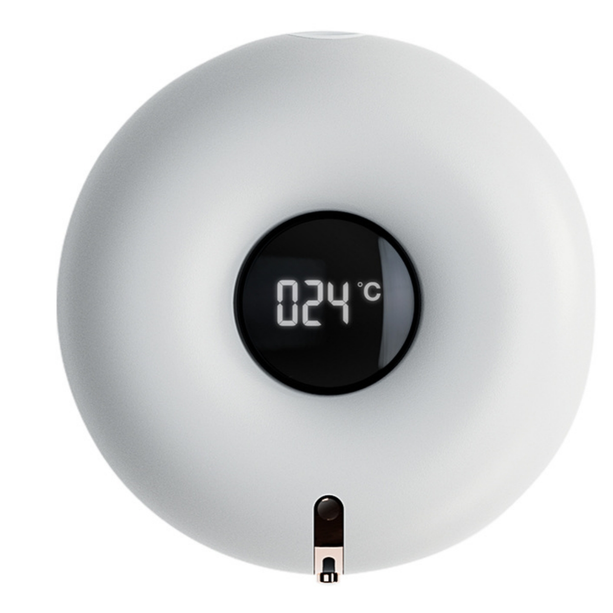 Ein weißes, rundes Gerät mit digitaler Anzeige, die 24 °C anzeigt. Unten befindet sich ein schwarzer Auslauf.