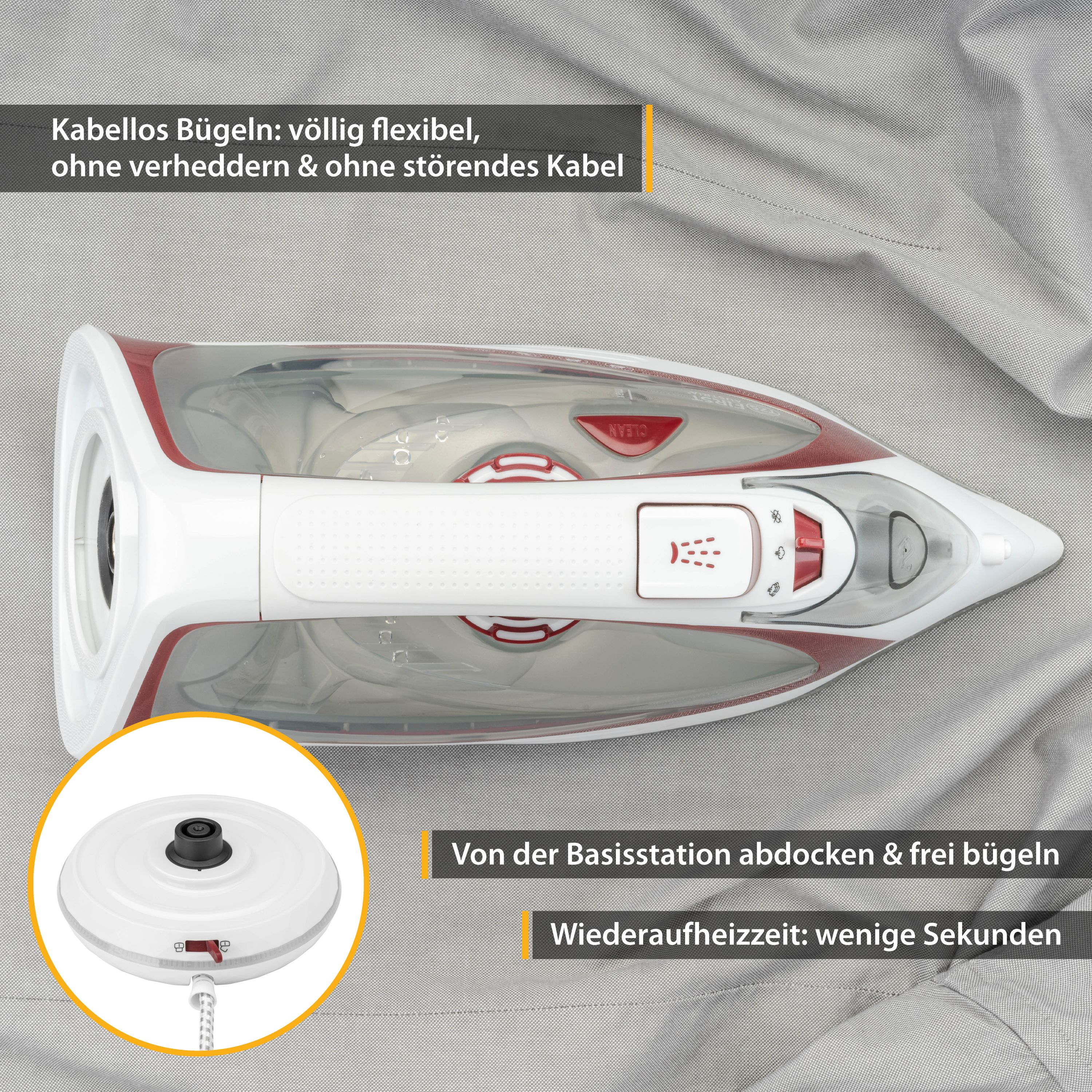 Bügelbrett mit Bügeleisen, Text: kabelloses Bügeln, kein Kabel und schnelles Aufheizen.