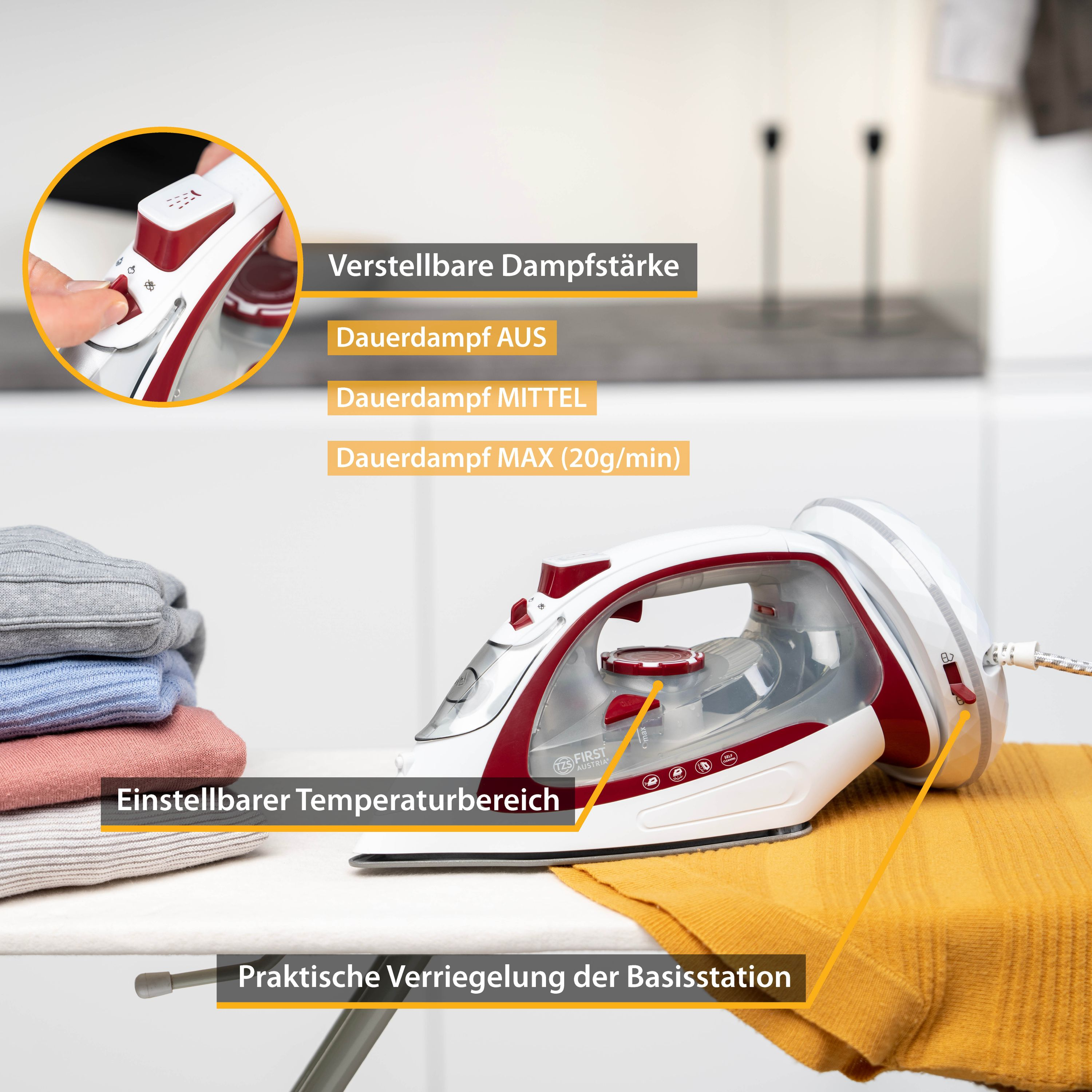 Weißes und rotes Bügeleisen mit Textbeschriftungen zu Dampfeinstellungen auf weißer Oberfläche. Gelbes Tuch.