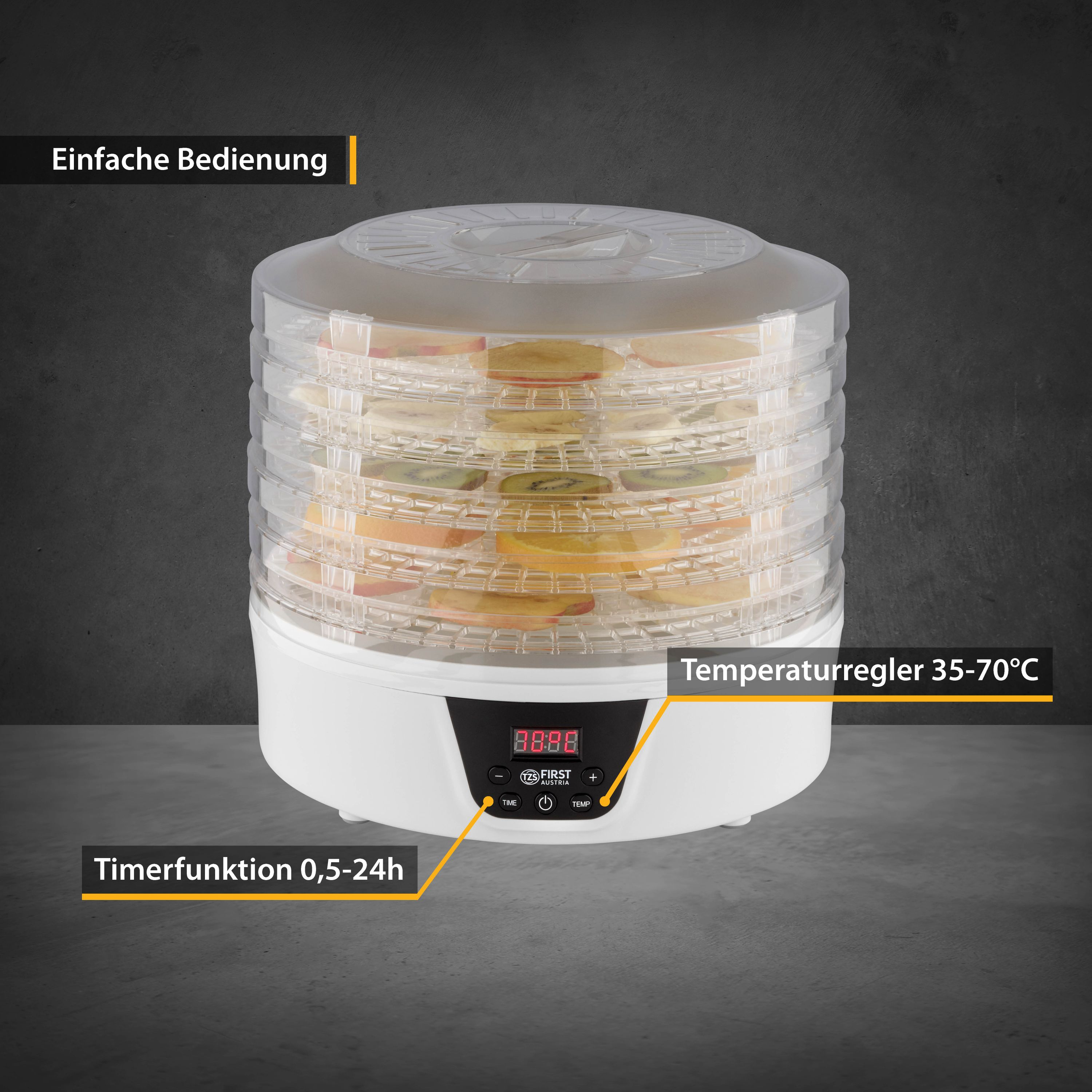 Weißer Dörrautomat mit transparenten Tabletts, beschriftet mit Temperatur- und Timerfunktionen.