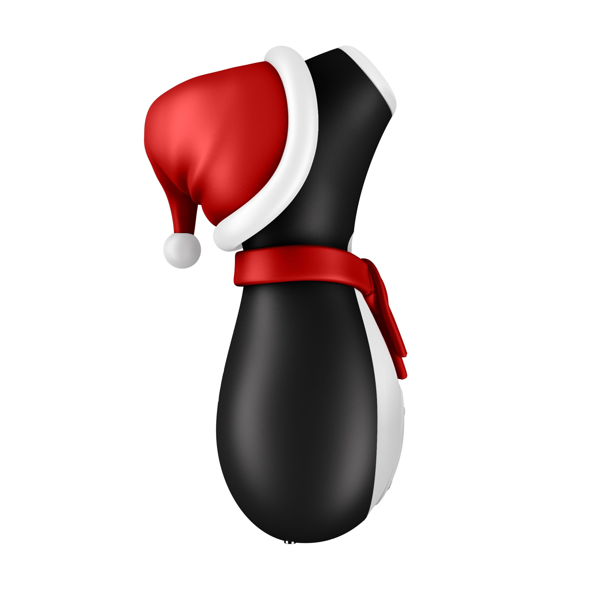 Un pingüino 3D con gorro de Papá Noel y bufanda roja, fondo blanco.
