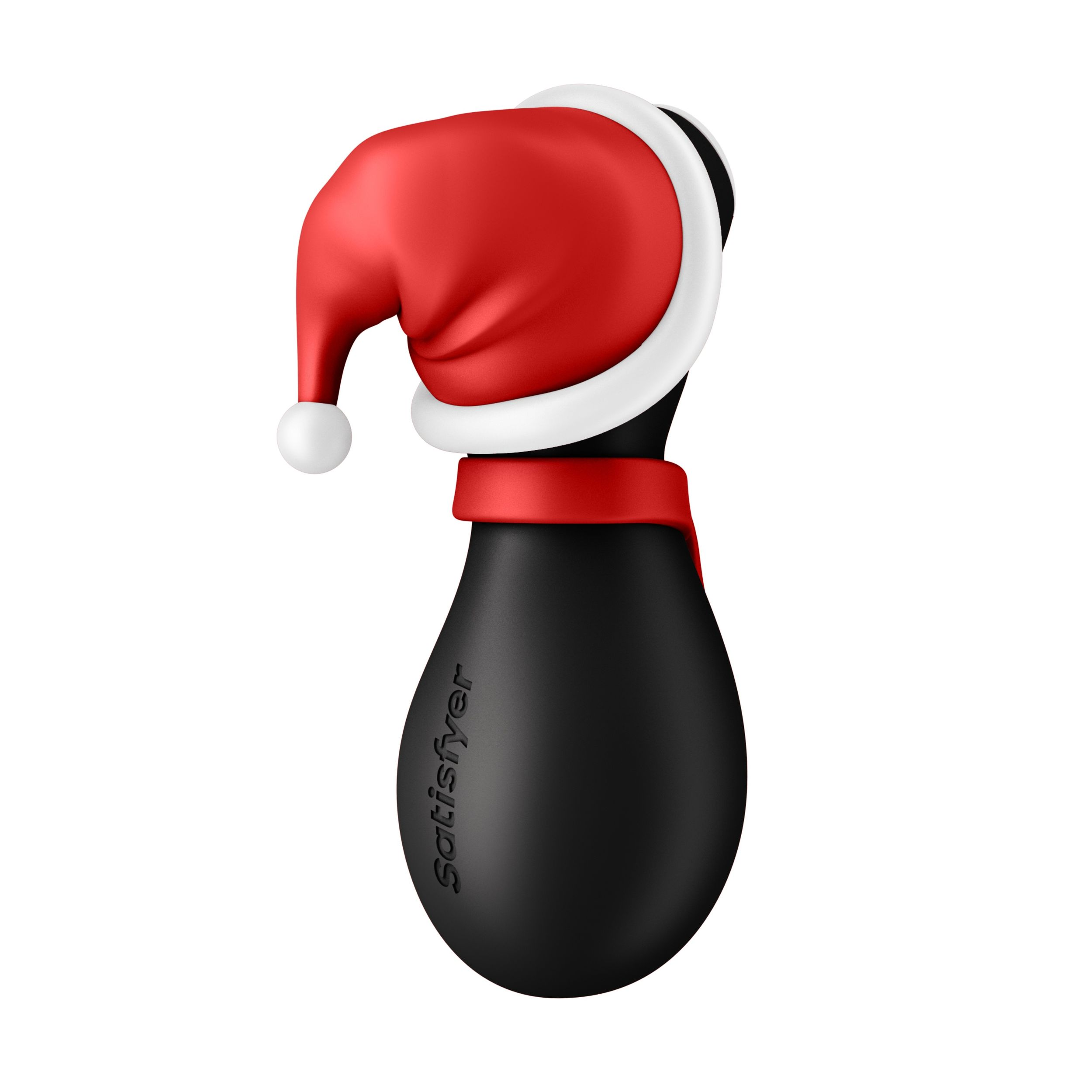 Juguete sexual negro con gorro y bufanda rojos, fondo blanco. Logo Satisfyer.