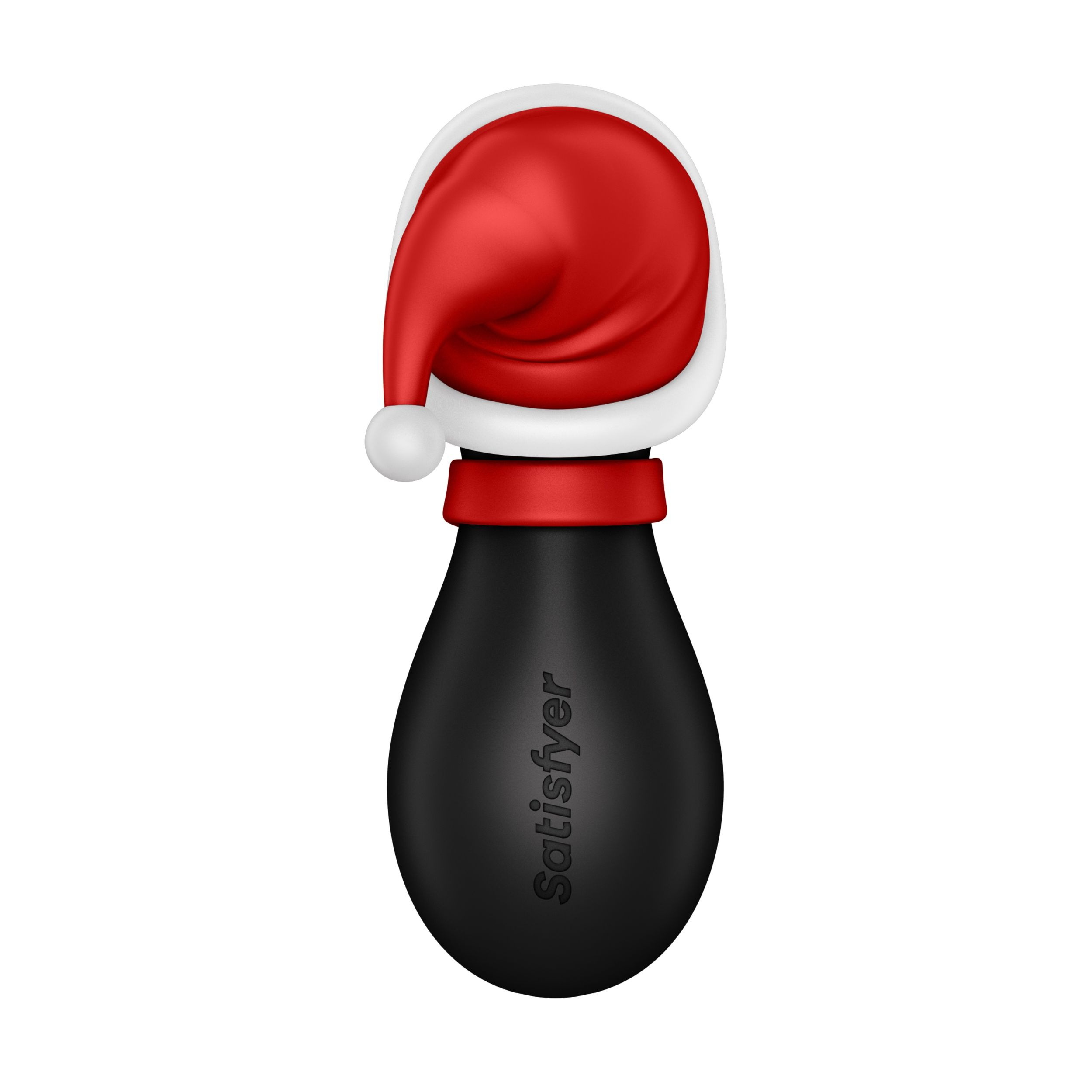 Un juguete sexual negro con un gorro de Papá Noel encima, cuello rojo, fondo blanco.