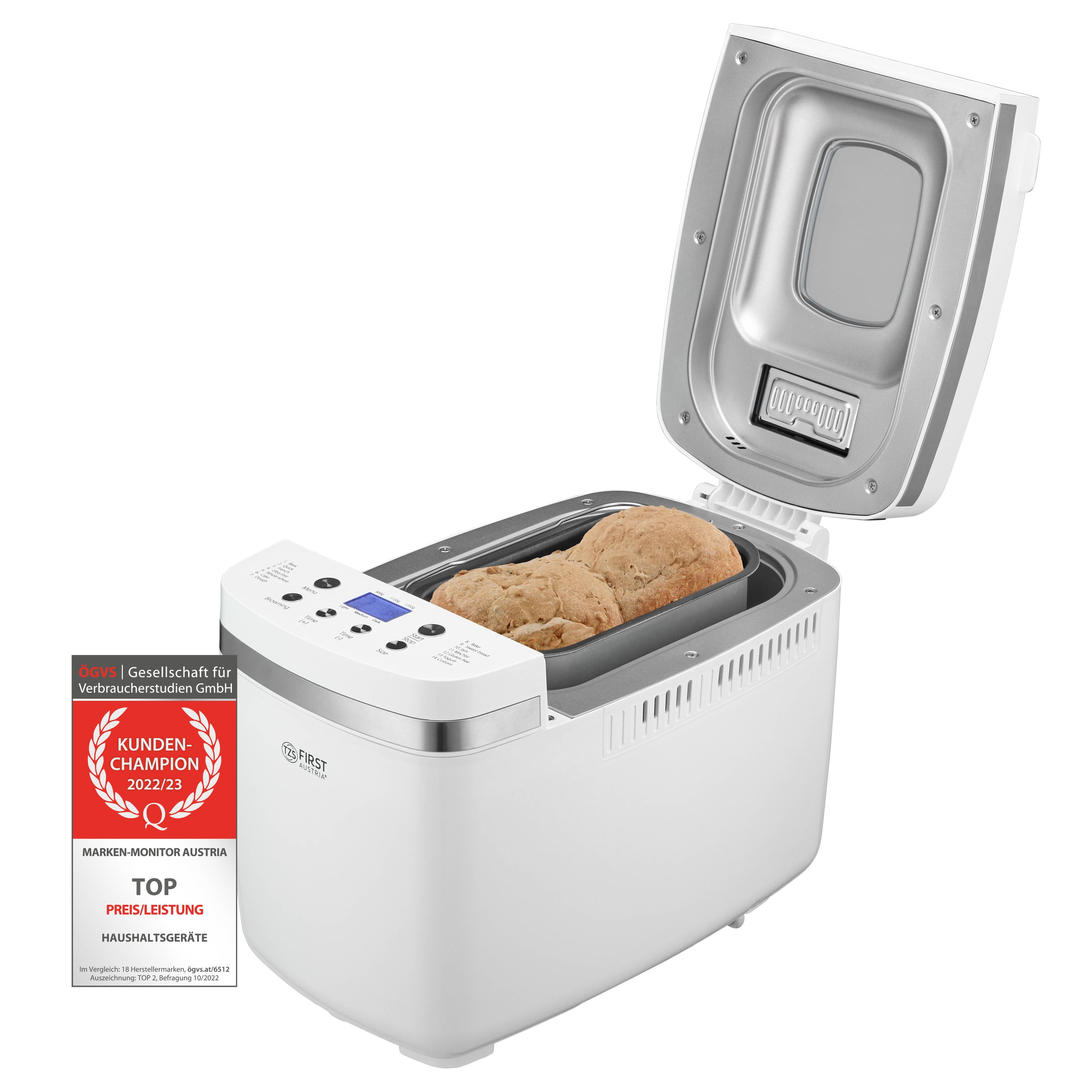 Ein weißer Brotbackautomat mit zwei Broten im Inneren, offenem Deckel. Ein Abzeichen sagt "Kunden-Champion".