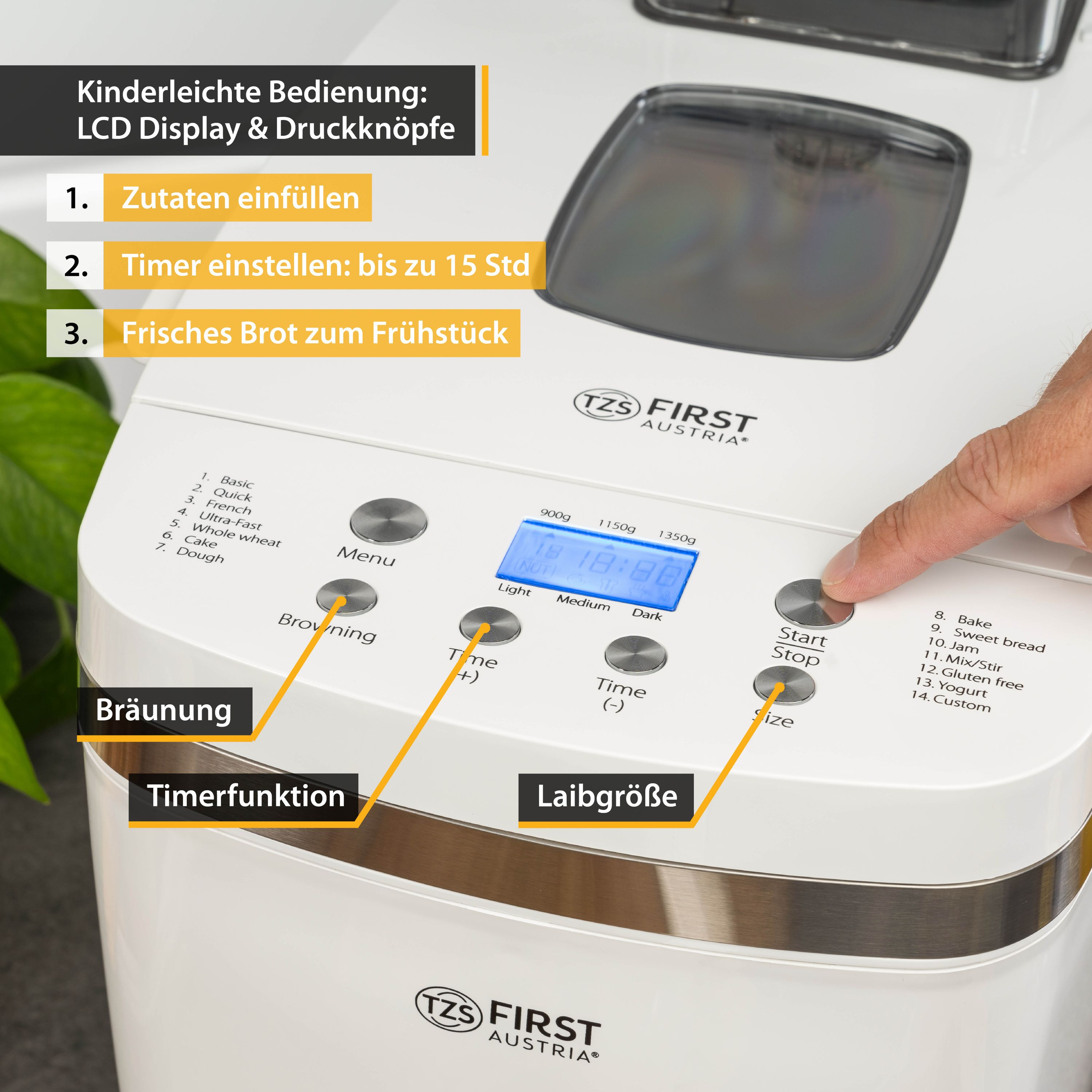 Brotbackautomat mit Schritten: Zutaten einfüllen, Timer einstellen und frisches Brot genießen.