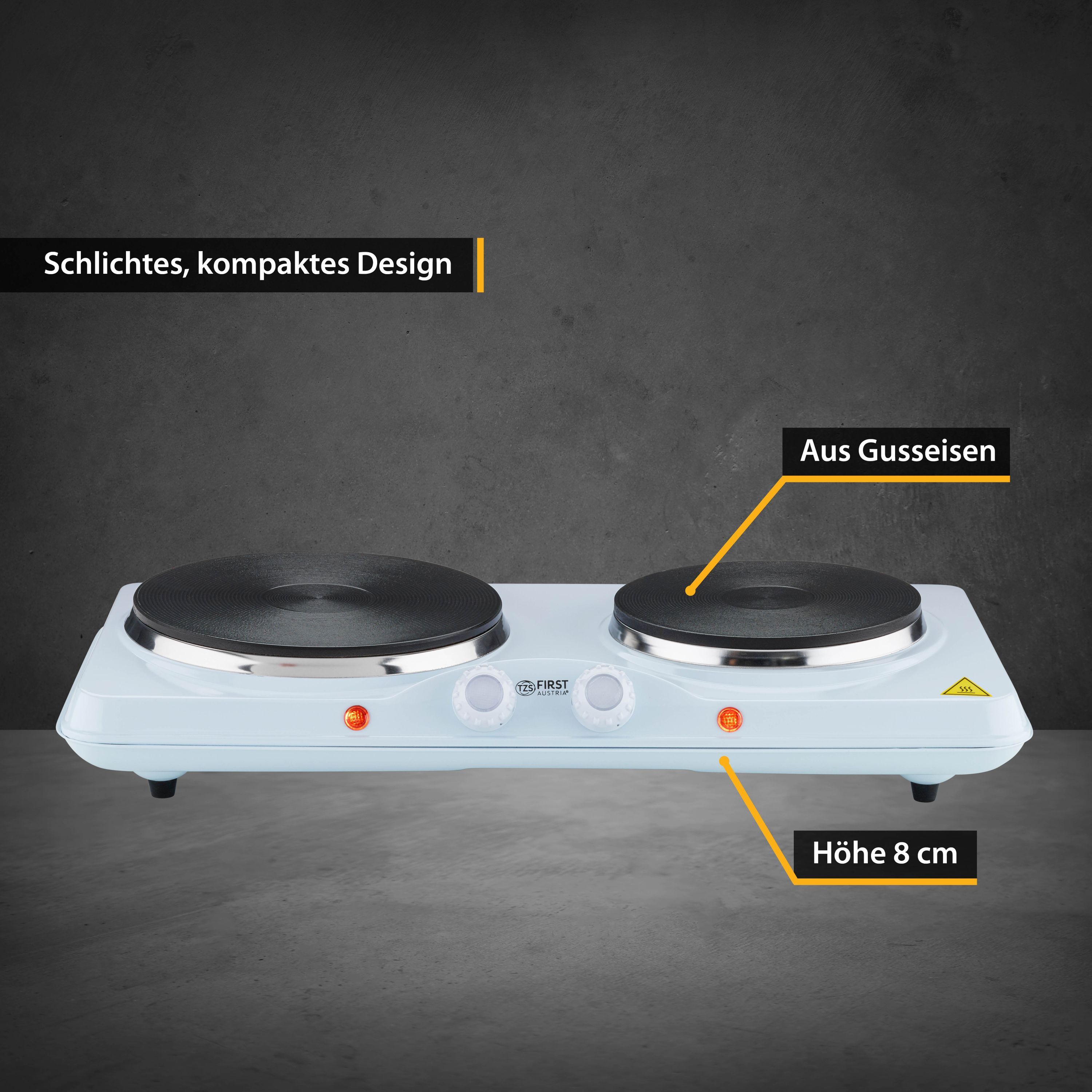 Weißer Elektroherd mit zwei Kochplatten, Beschriftungen und Abmessungen.