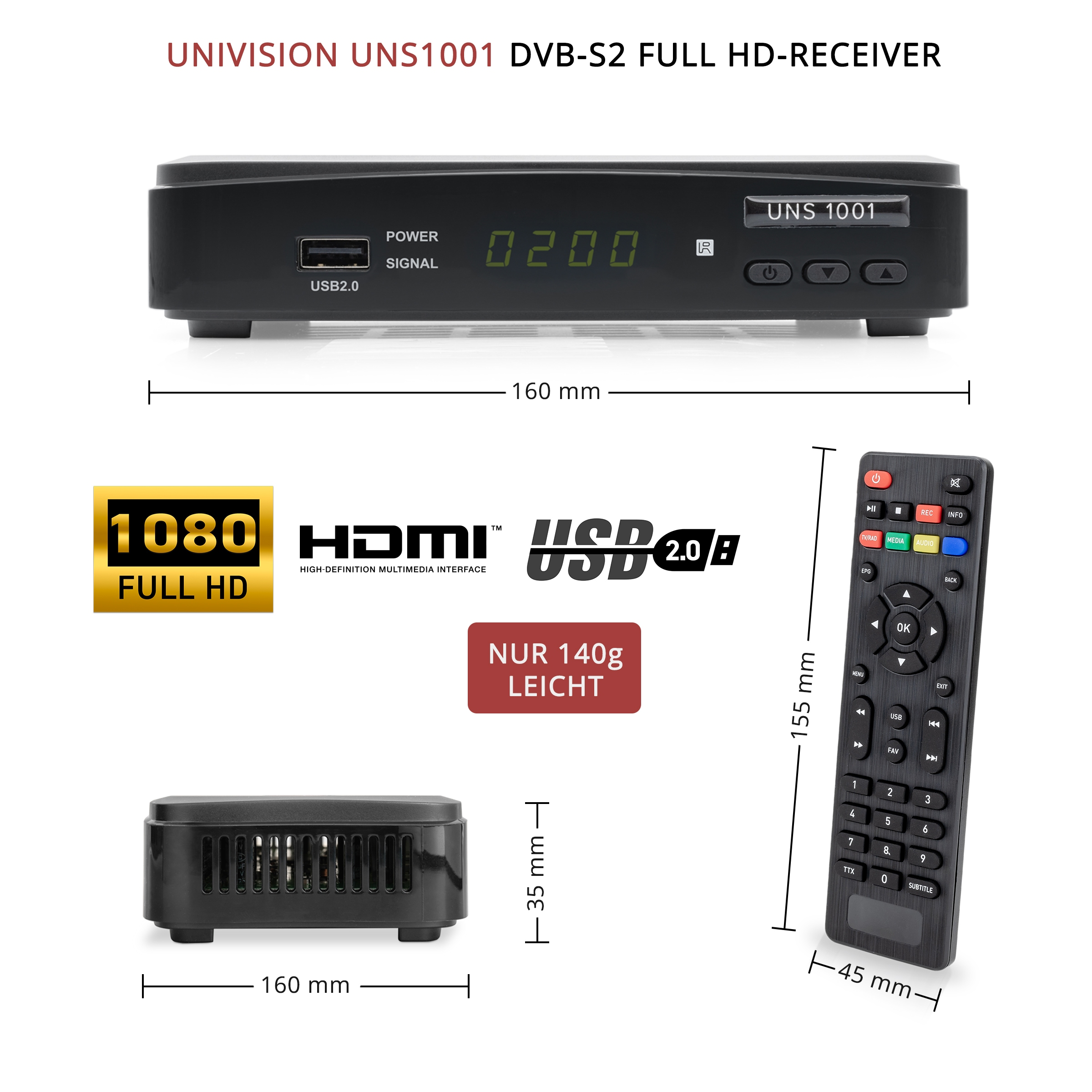 Satellitenempfang (HDTV, für schwarz) DVB-S2, PVR-Funktion, FullHD DVB-S, UNIVISION Satreceiver UNS1001PVR