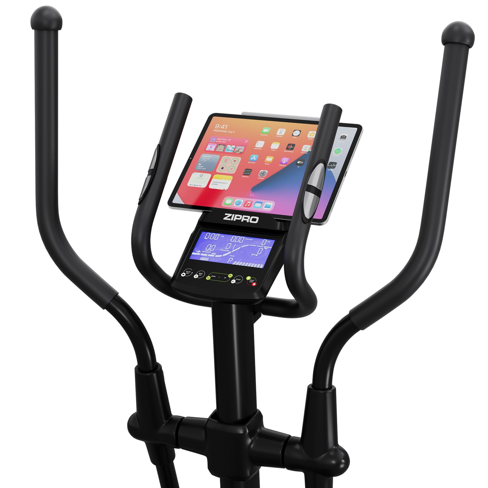 Eine schwarze Ellipsenmaschine mit Tablethalter. Das Tablet zeigt eine farbenfrohe Oberfläche. Griffe erstrecken sich nach oben.