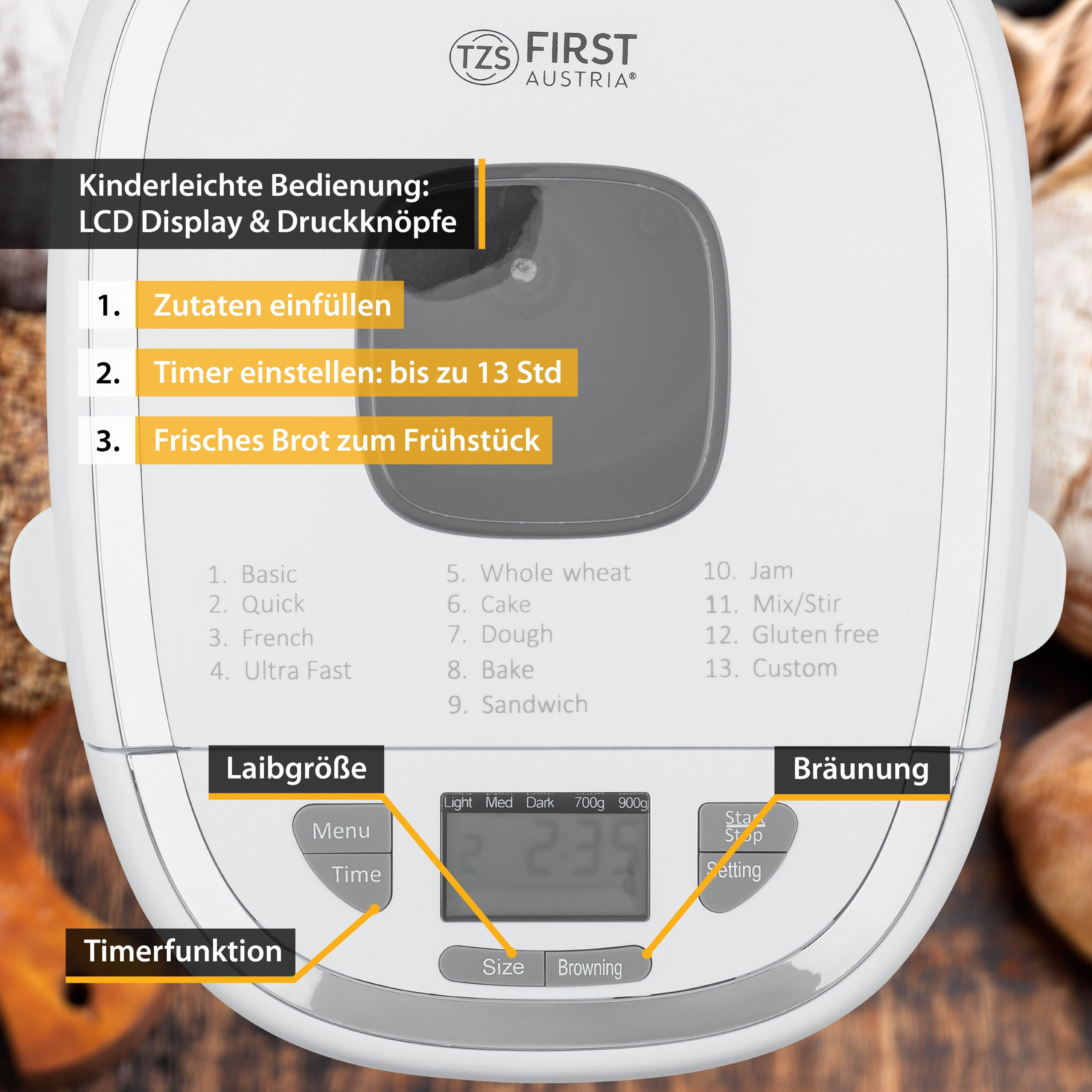 Ein weißer Brotbackautomat mit Knöpfen und einem LCD-Display.