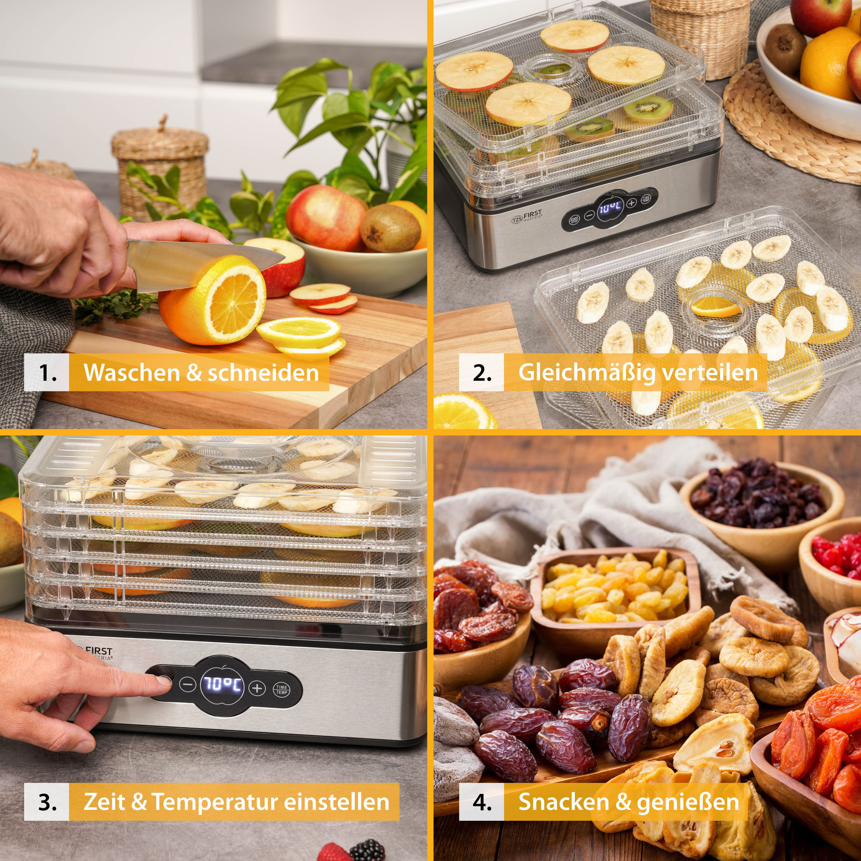 Vier Bilder mit Schritten der Lebensmitteltrocknung. Geschnittenes Obst auf Tabletts, mit deutschen Etiketten.