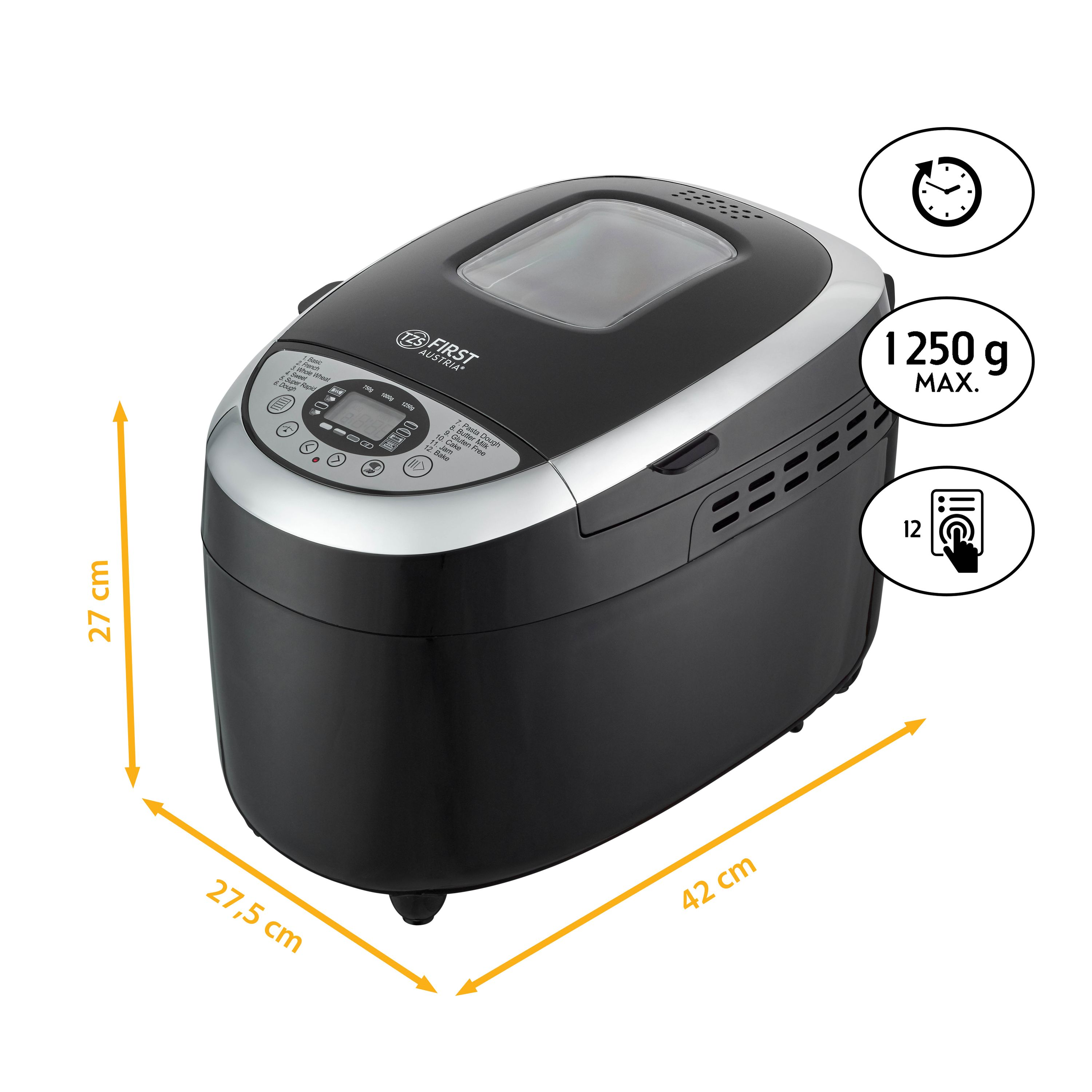 Ein schwarzer Brotbackautomat mit Abmessungen und Symbolen. Er hat die Maße 27 cm, 27,5 cm und 42 cm. Max. 1250 g.